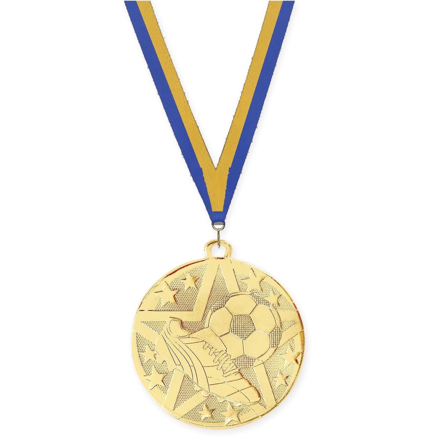 2 inch soccer Superstar medal in gold with Blue Gold neck ribbon