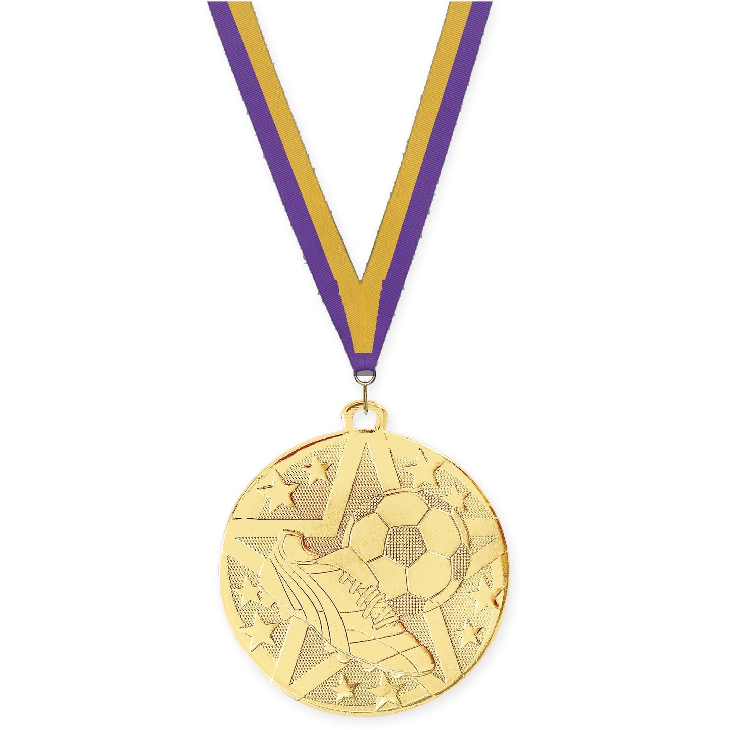 2 inch soccer Superstar medal in gold with Purple Gold neck ribbon