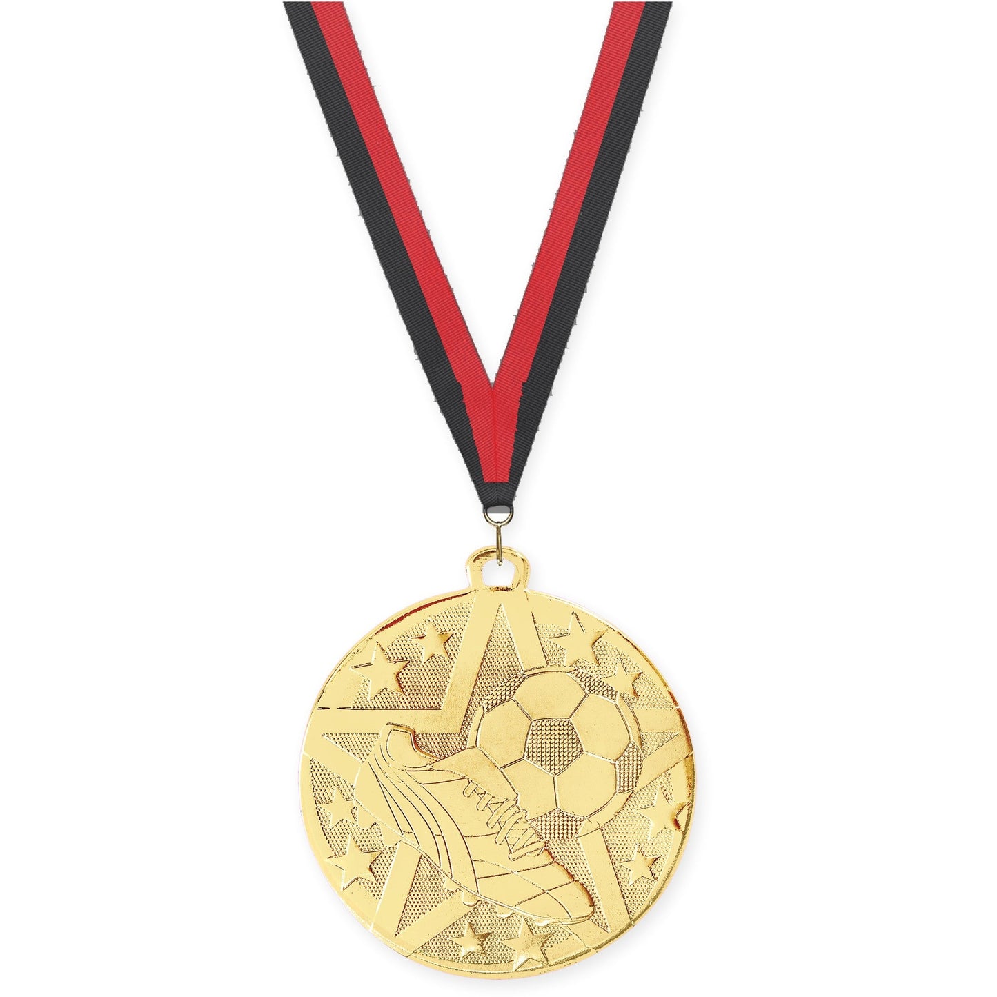2 inch soccer Superstar medal in gold with Black Red neck ribbon