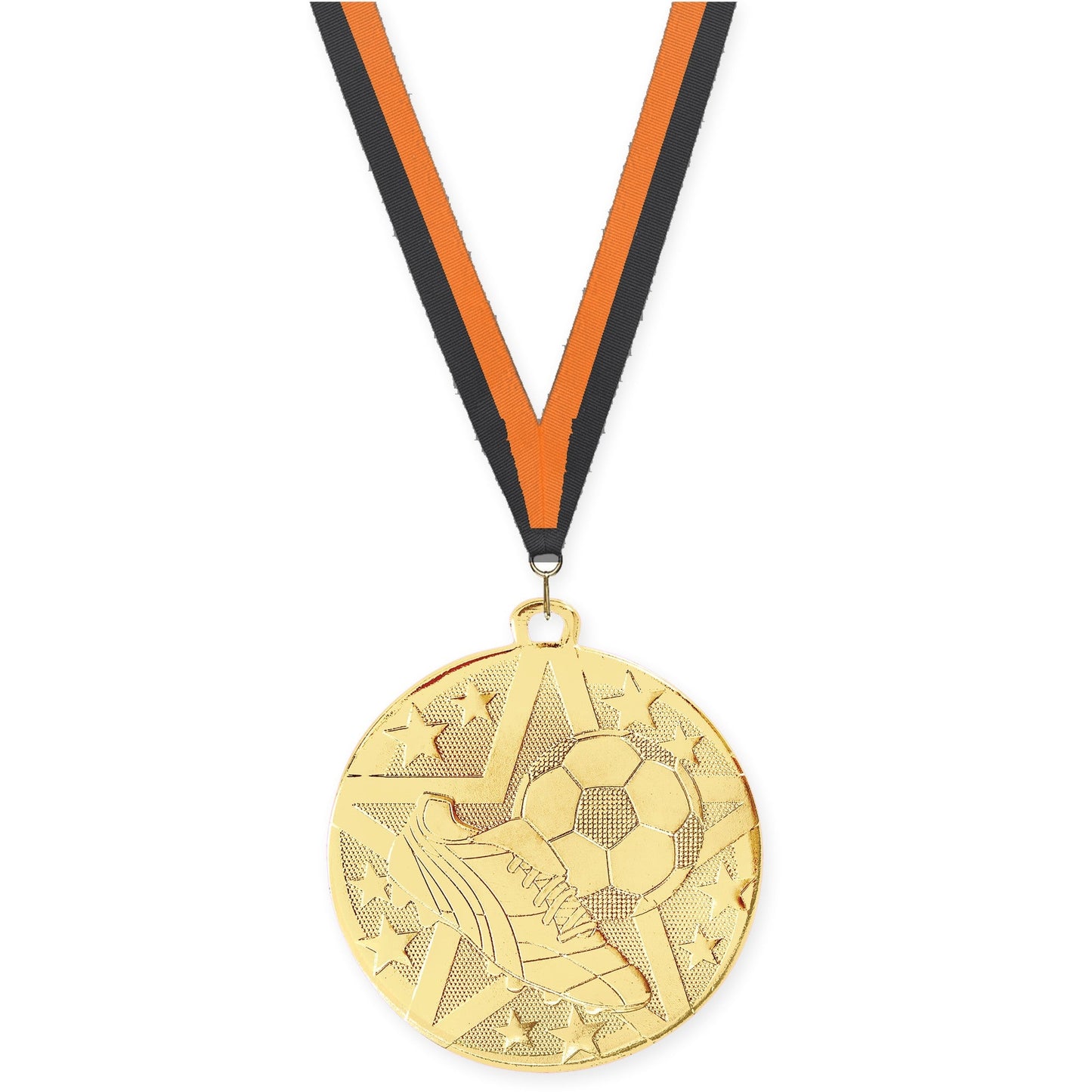 2 inch soccer Superstar medal in gold with Black Orange neck ribbon