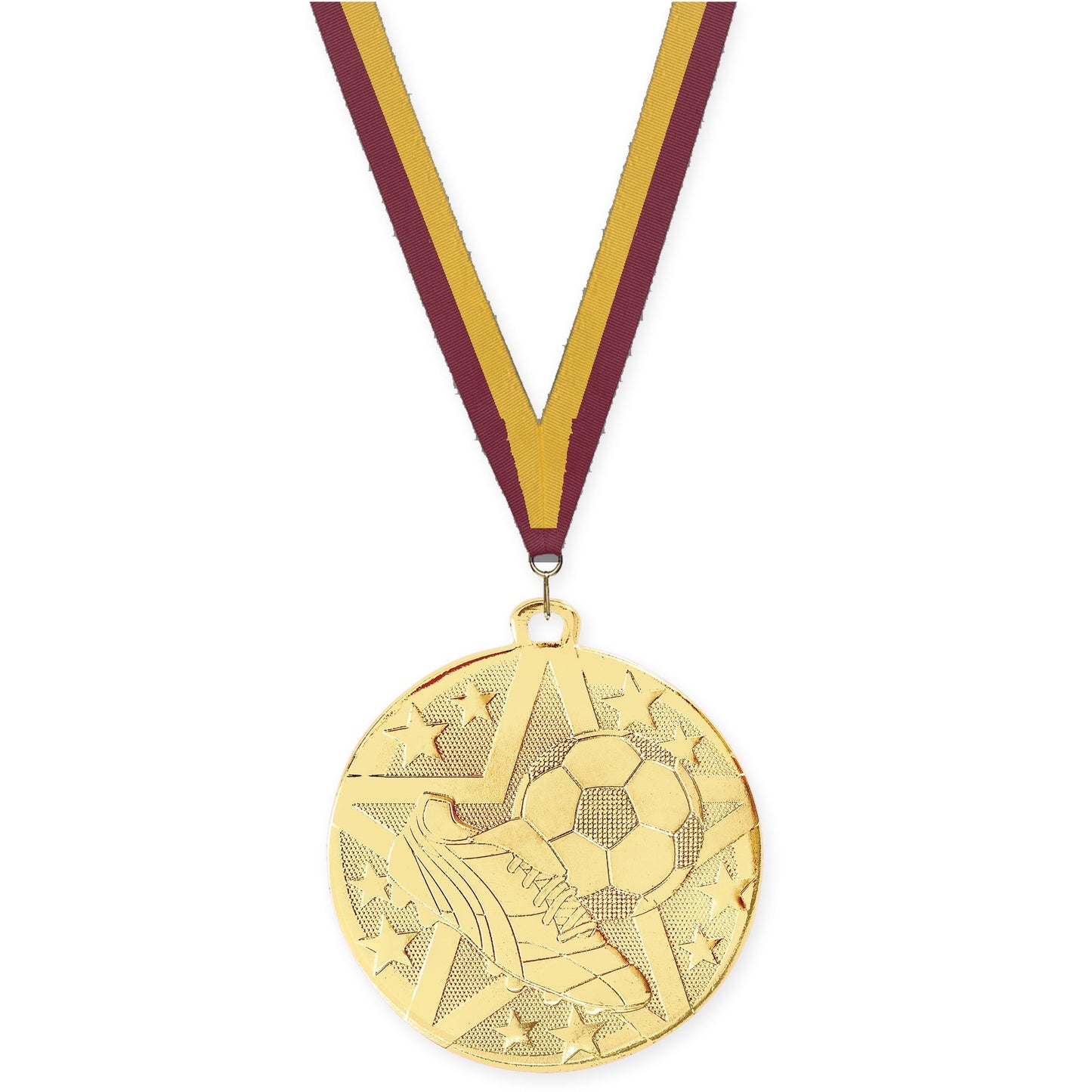2 inch soccer Superstar medal in gold with Maroon Gold neck ribbon