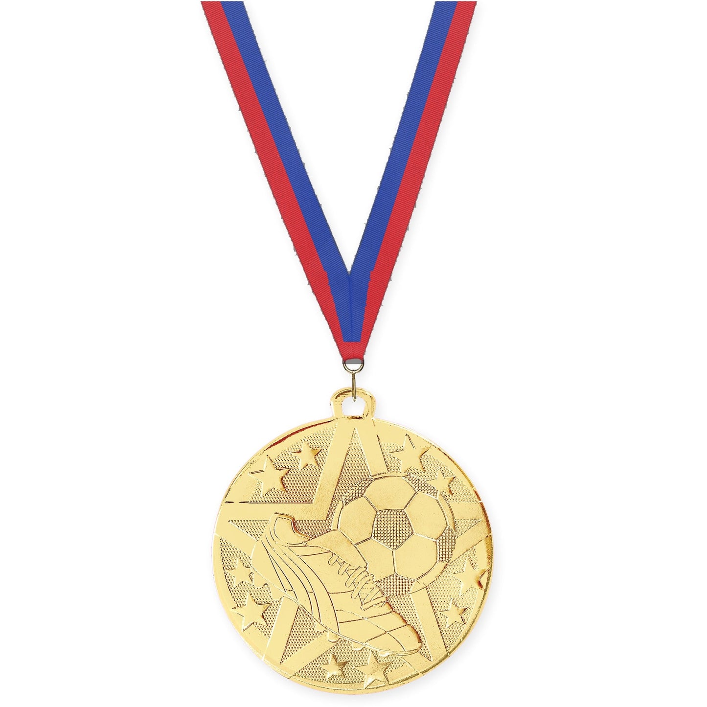 2 inch soccer Superstar medal in gold with Blue Red neck ribbon