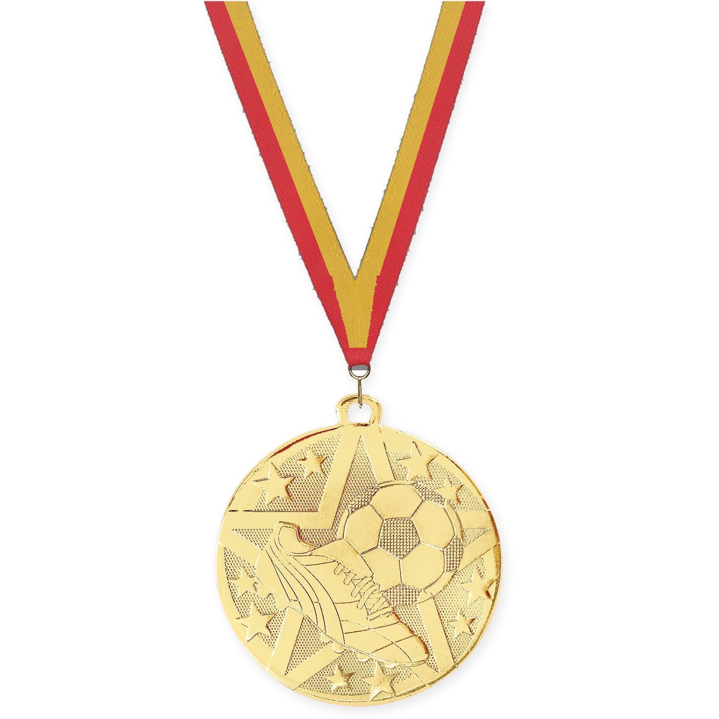 2 inch soccer Superstar medal in gold with Red Gold neck ribbon