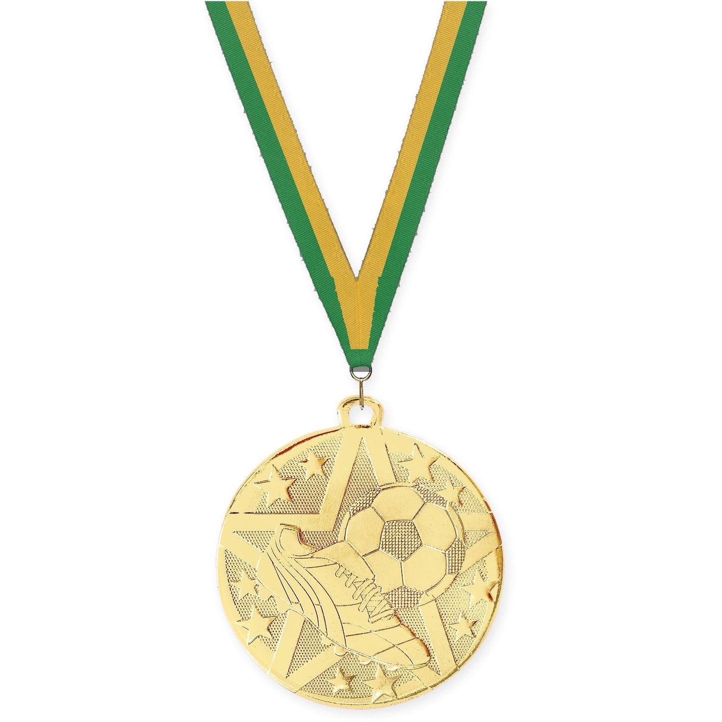 2 inch soccer Superstar medal in gold with Green Gold neck ribbon