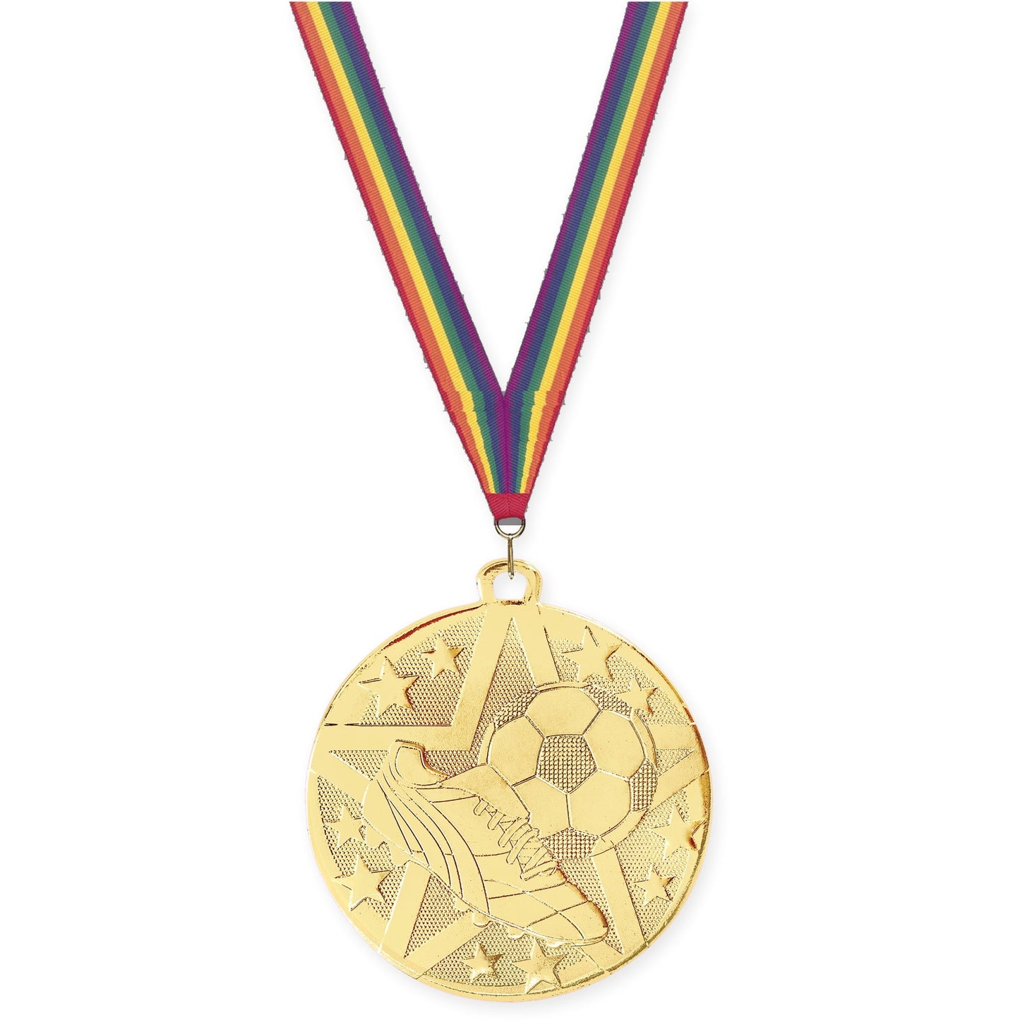 2 inch soccer Superstar medal in gold with Rainbow neck ribbon