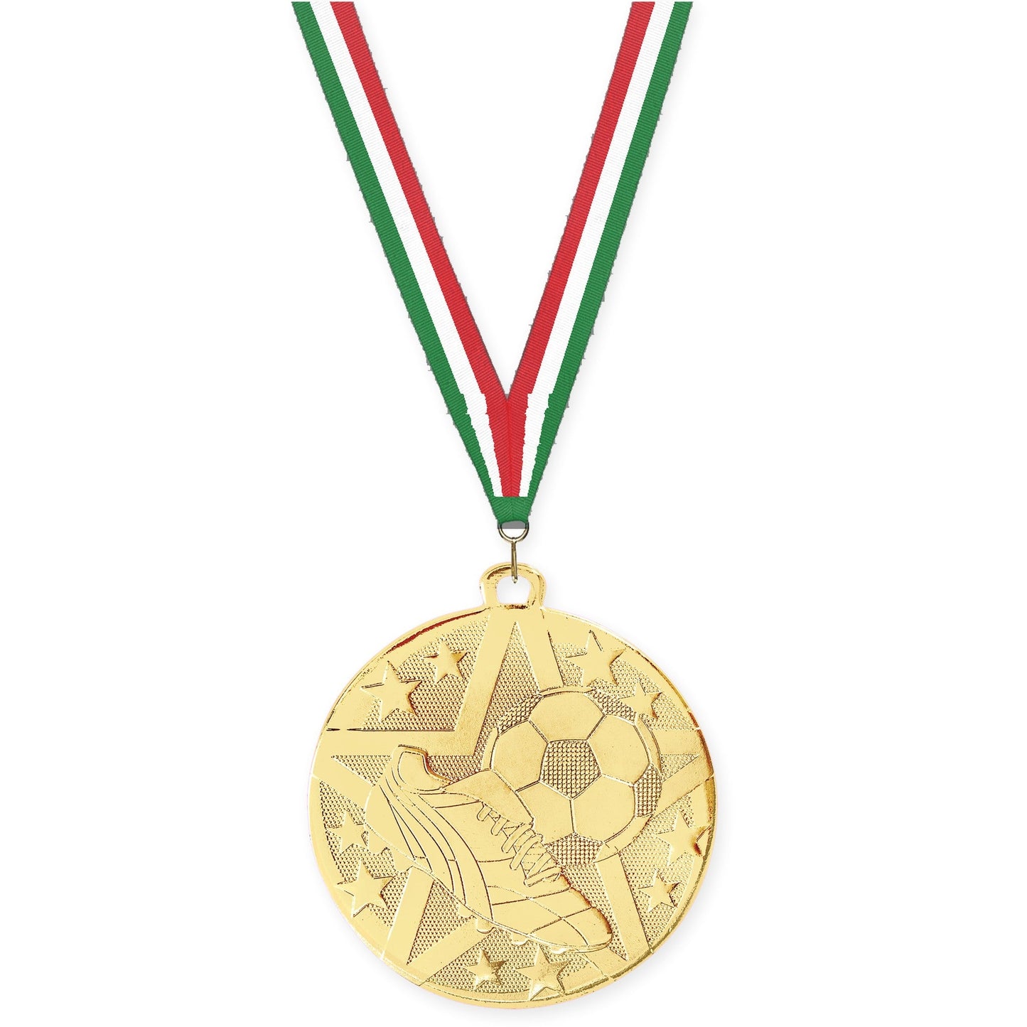 2 inch soccer Superstar medal in gold with Green White Red neck ribbon