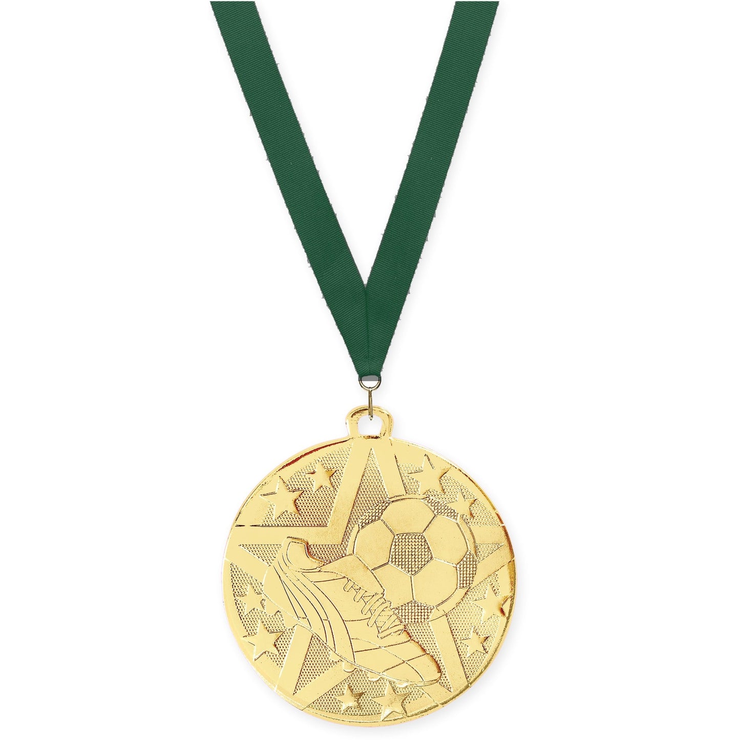 2 inch soccer Superstar medal in gold with Hunter Green neck ribbon