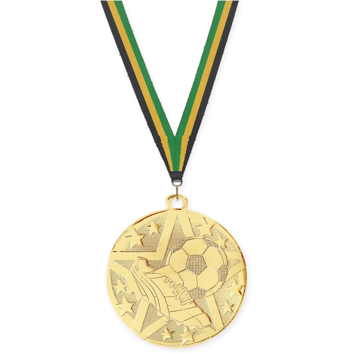 2 inch soccer Superstar medal in gold with Black Gold Green neck ribbon