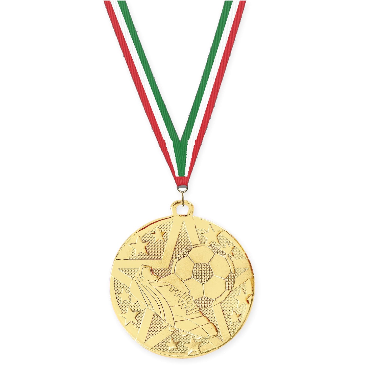 2 inch soccer Superstar medal in gold with Red White Green neck ribbon