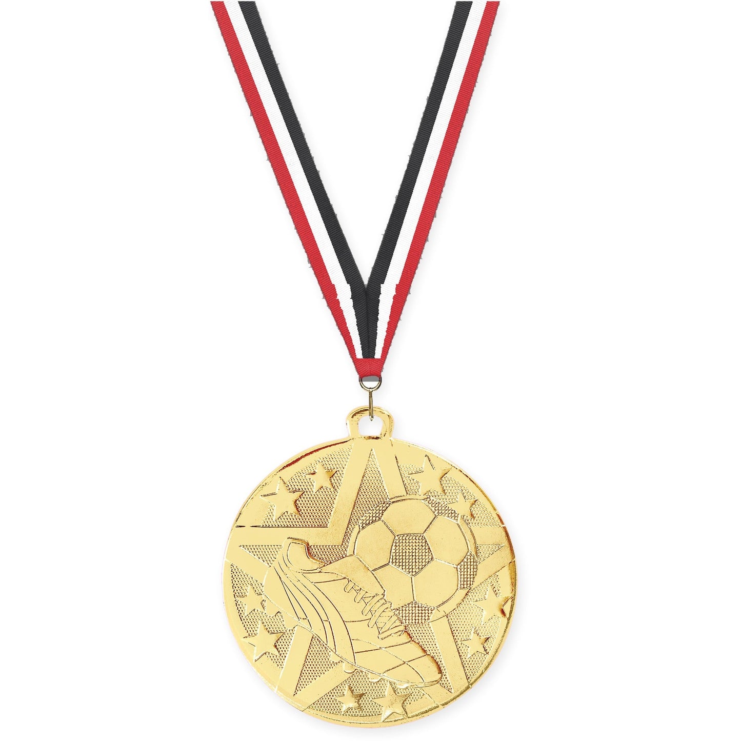 2 inch soccer Superstar medal in gold with Red White Black neck ribbon