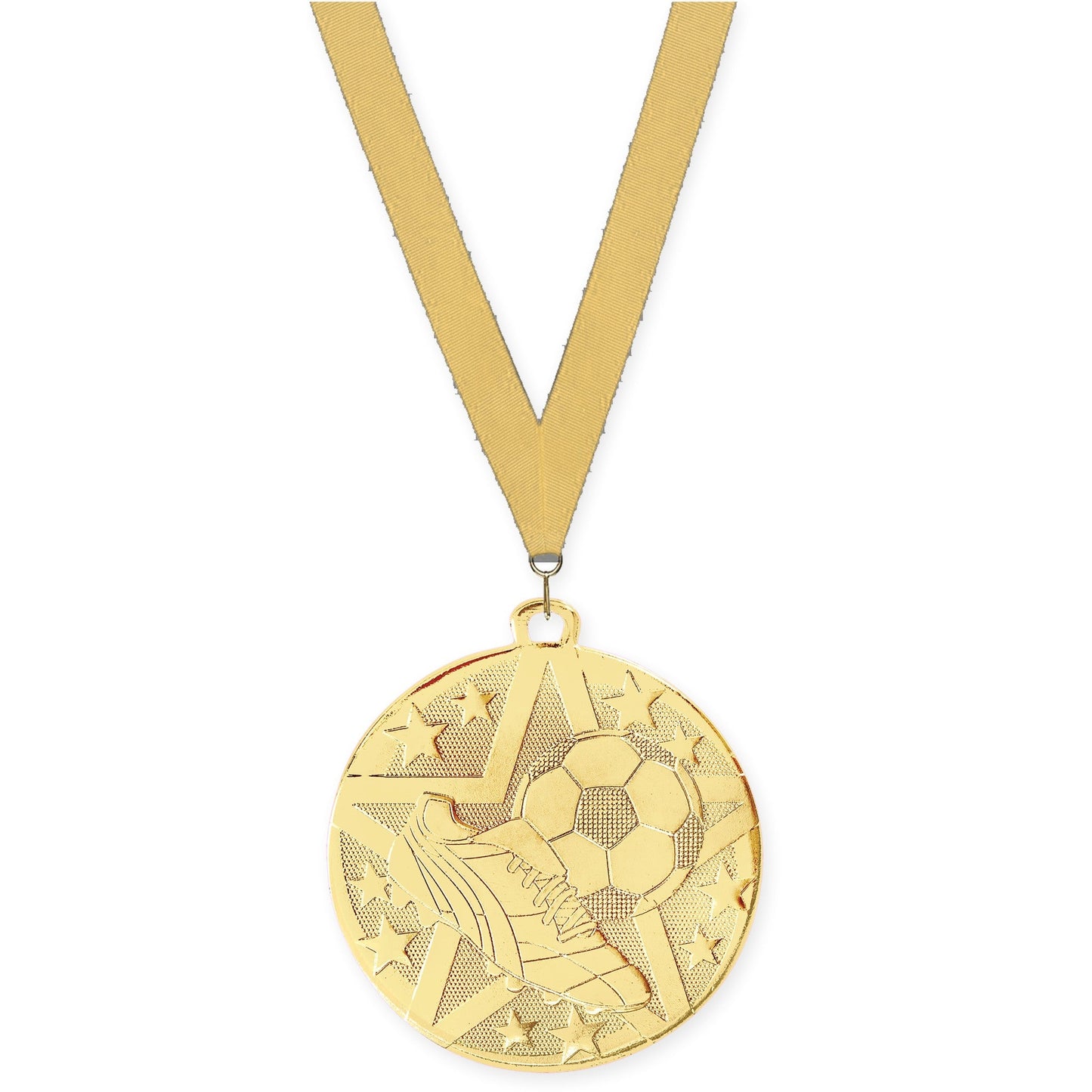 2 inch soccer Superstar medal in gold with Gold Metallic neck ribbon