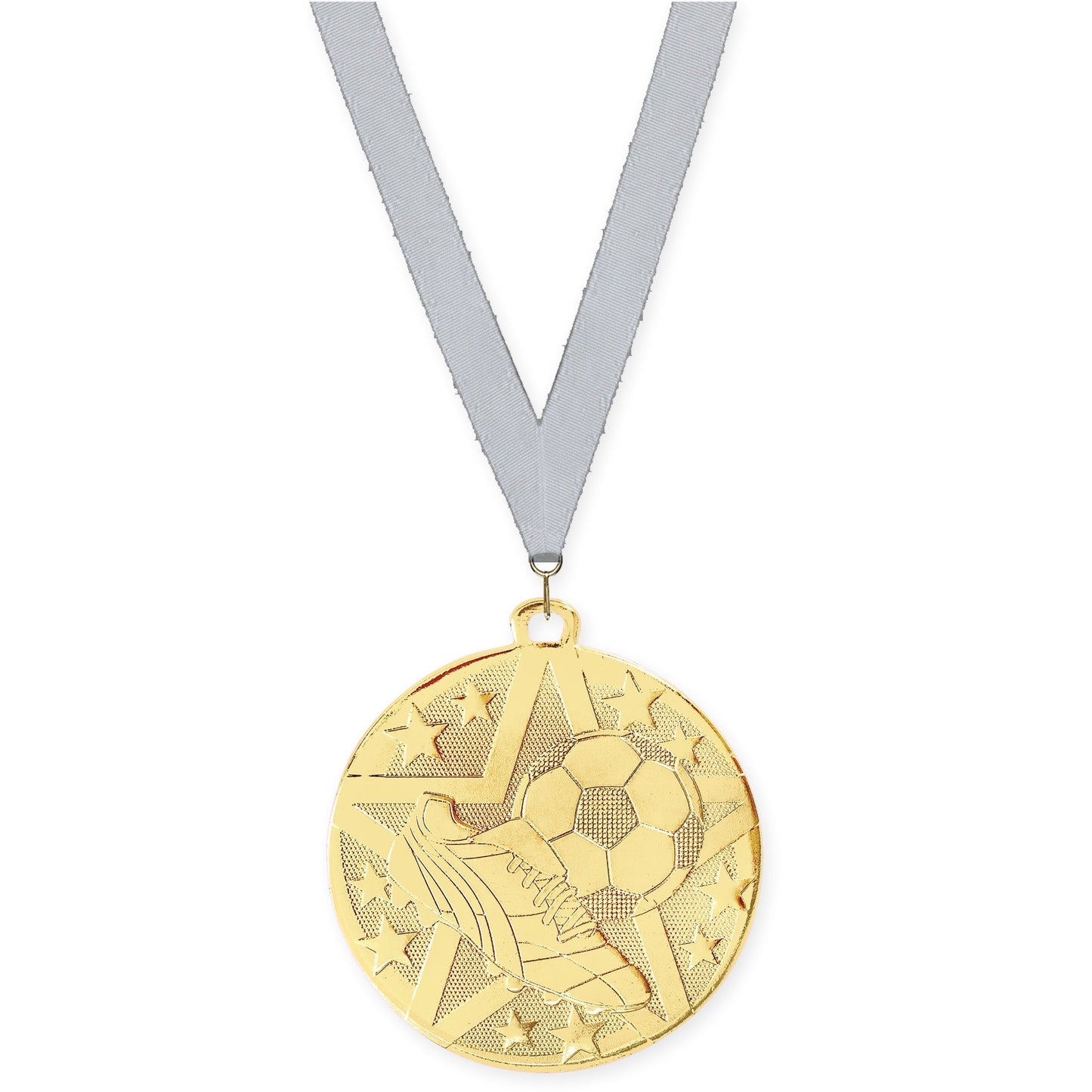 2 inch soccer Superstar medal in gold with Silver Metallic neck ribbon