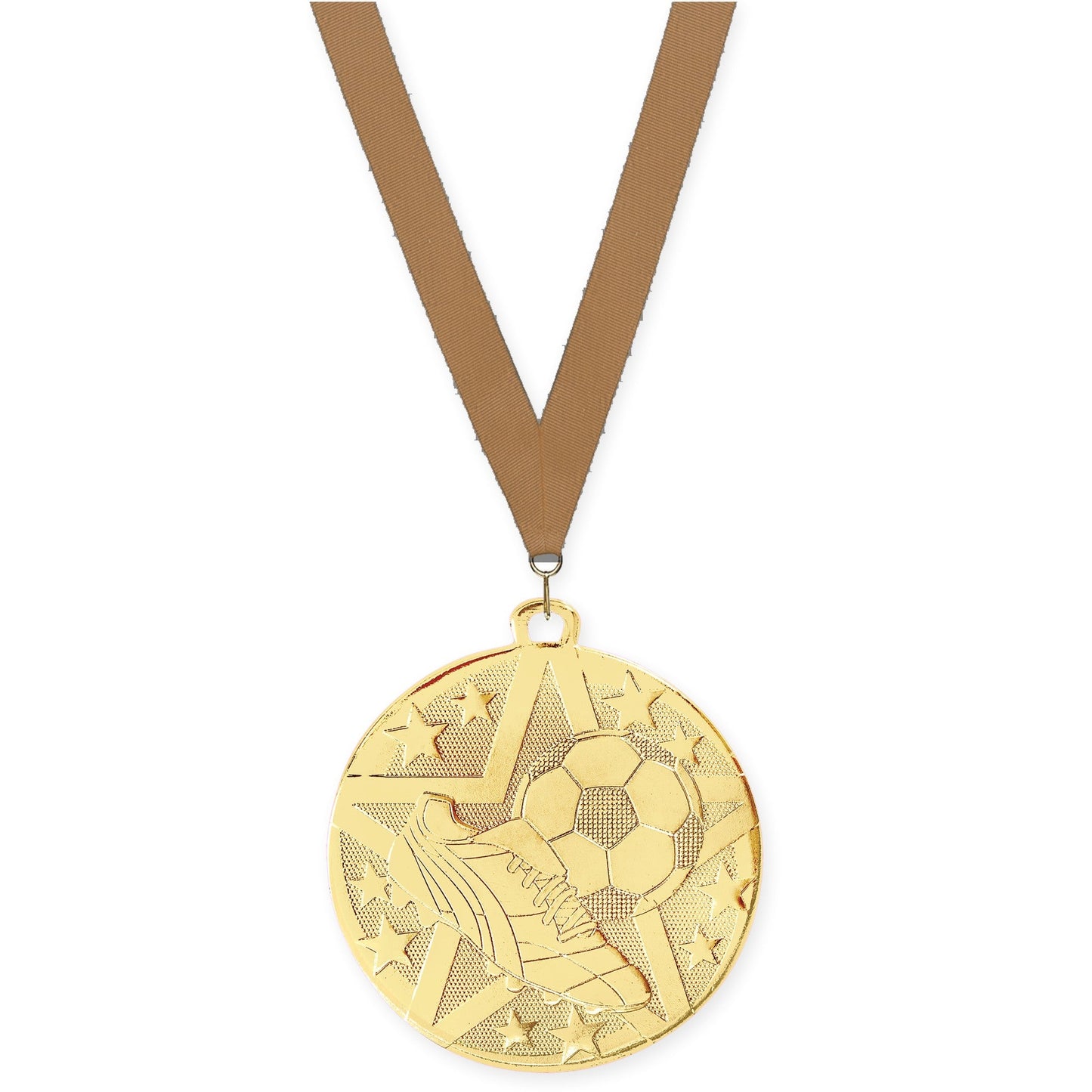 2 inch soccer Superstar medal in gold with Bronze Metallic neck ribbon