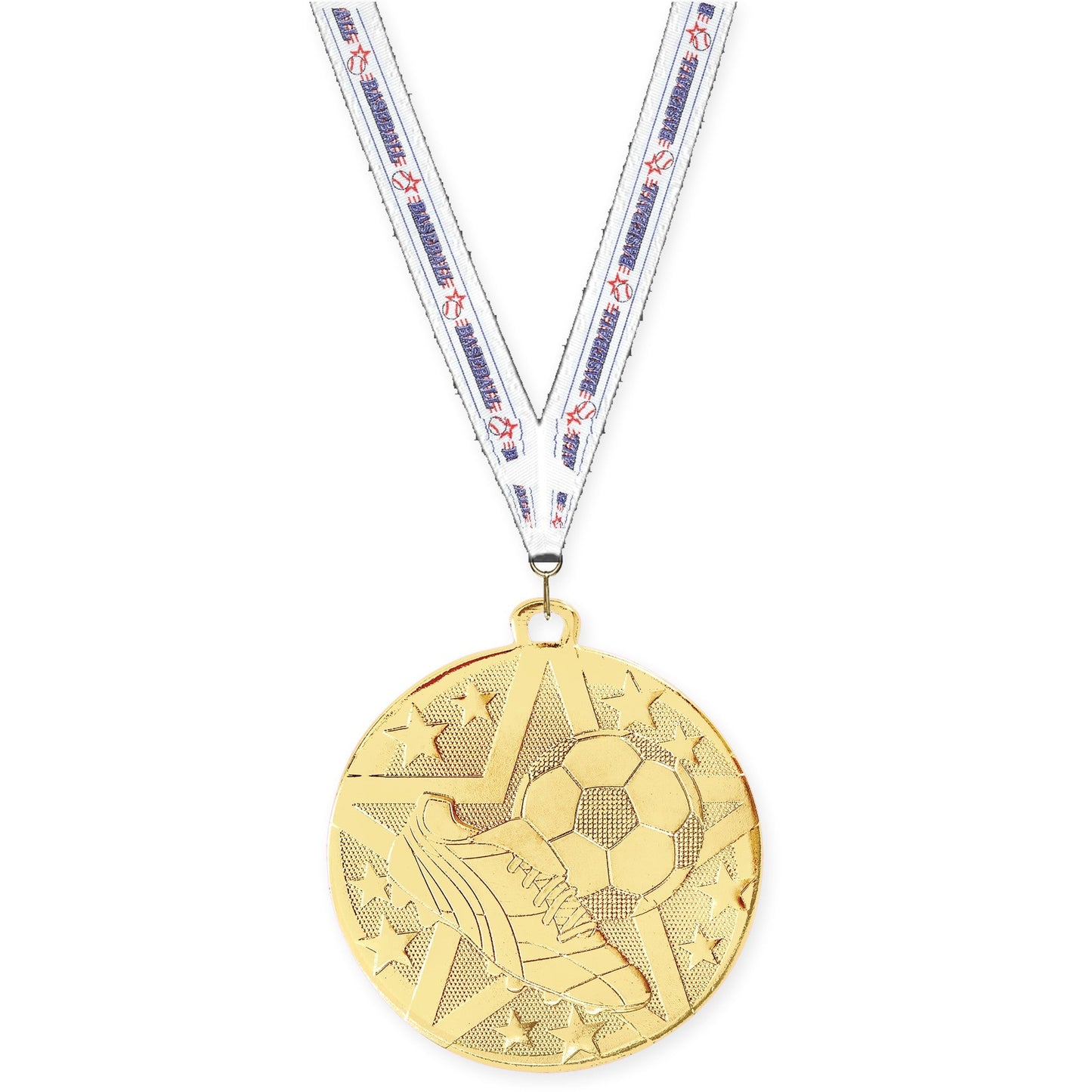 2 inch soccer Superstar medal in gold with Baseball neck ribbon