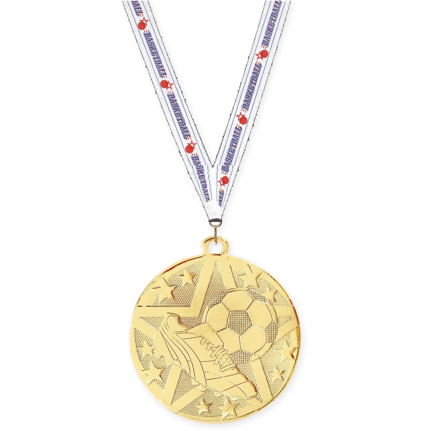 2 inch soccer Superstar medal in gold with Basketball neck ribbon