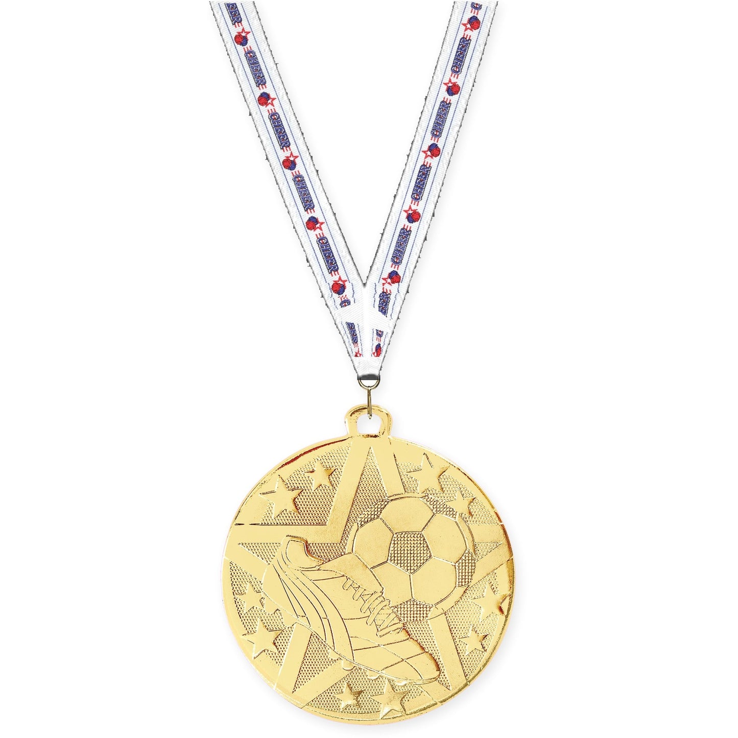 2 inch soccer Superstar medal in gold with Cheerleading neck ribbon