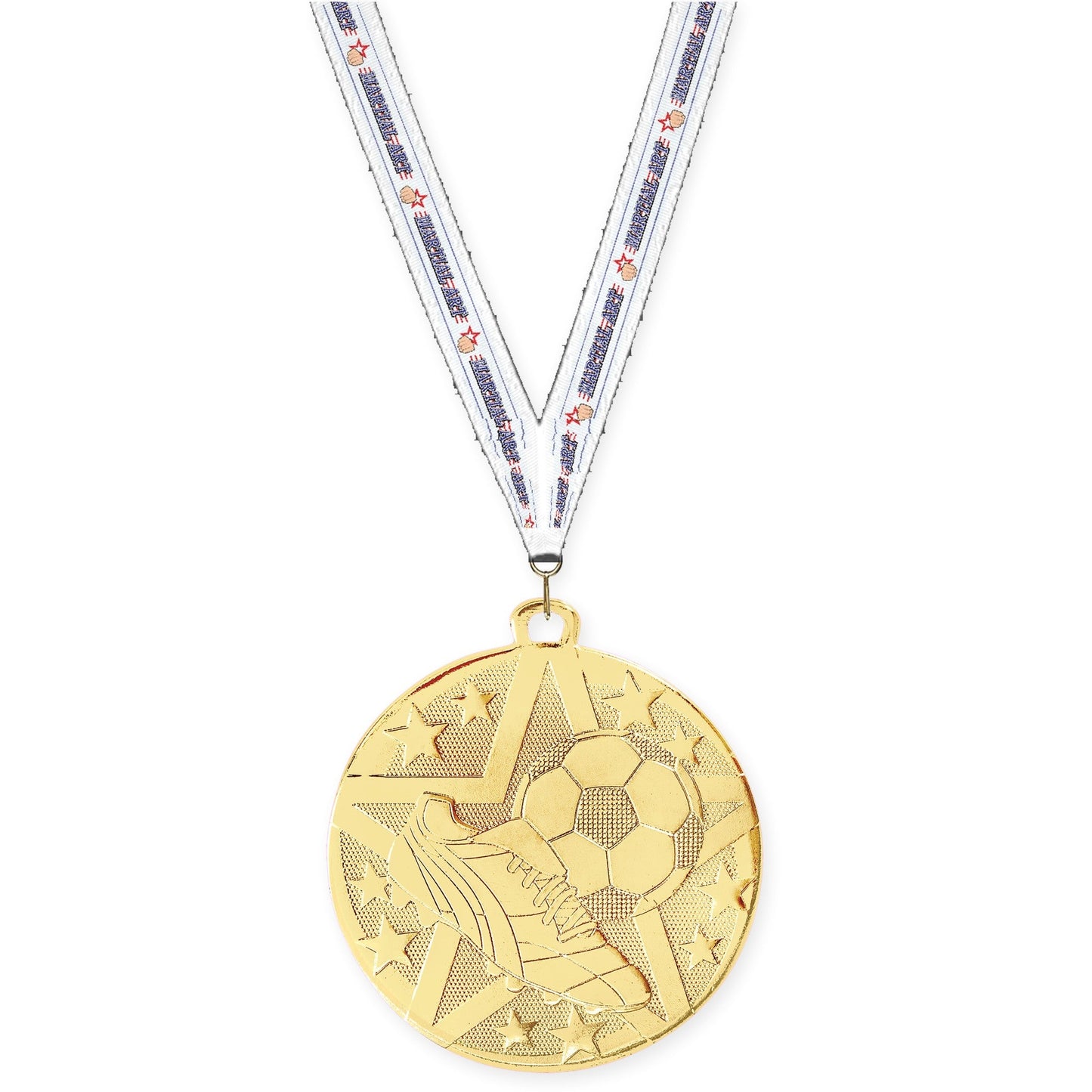 2 inch soccer Superstar medal in gold with Martial Arts neck ribbon