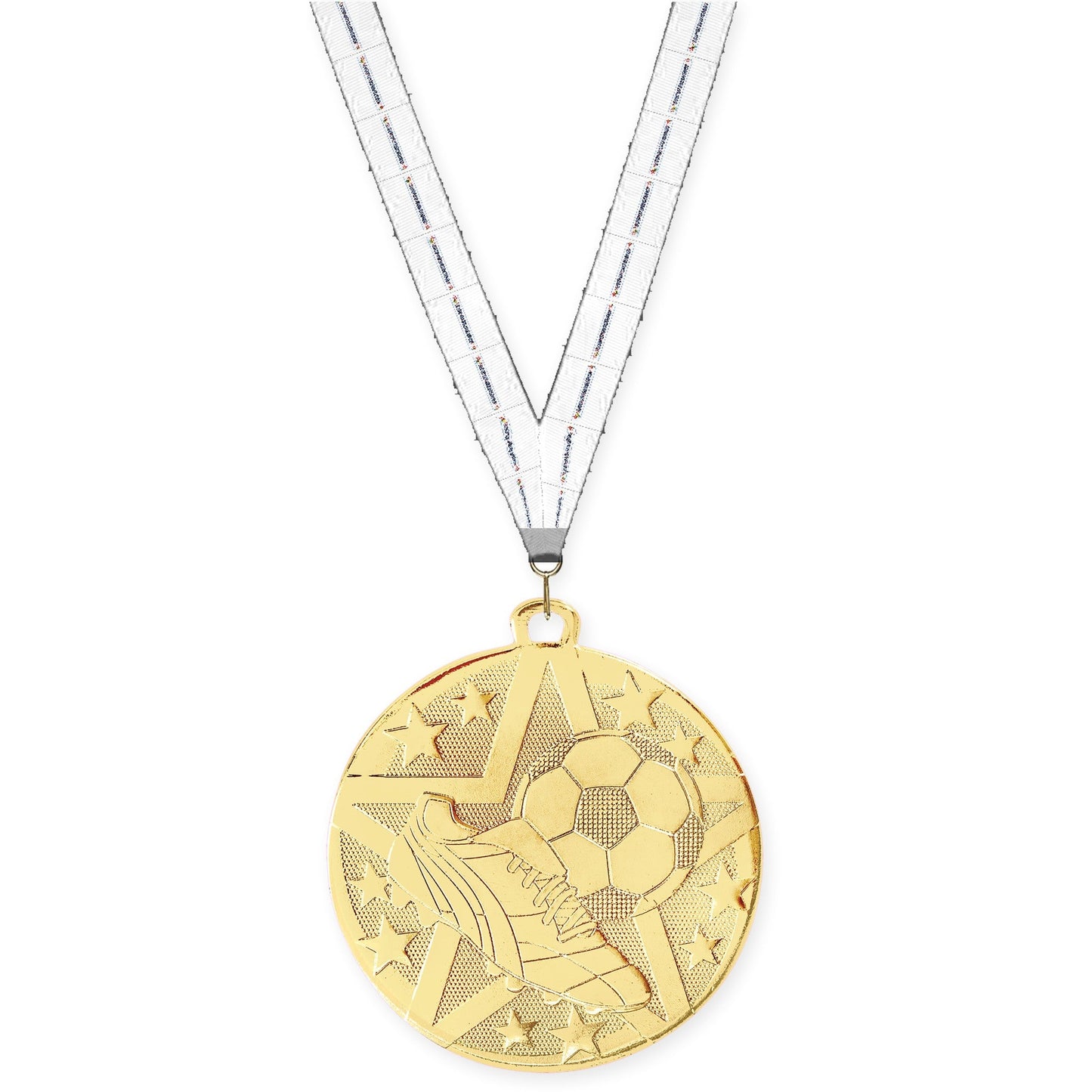 2 inch soccer Superstar medal in gold with Lamp Of Knowledge neck ribbon