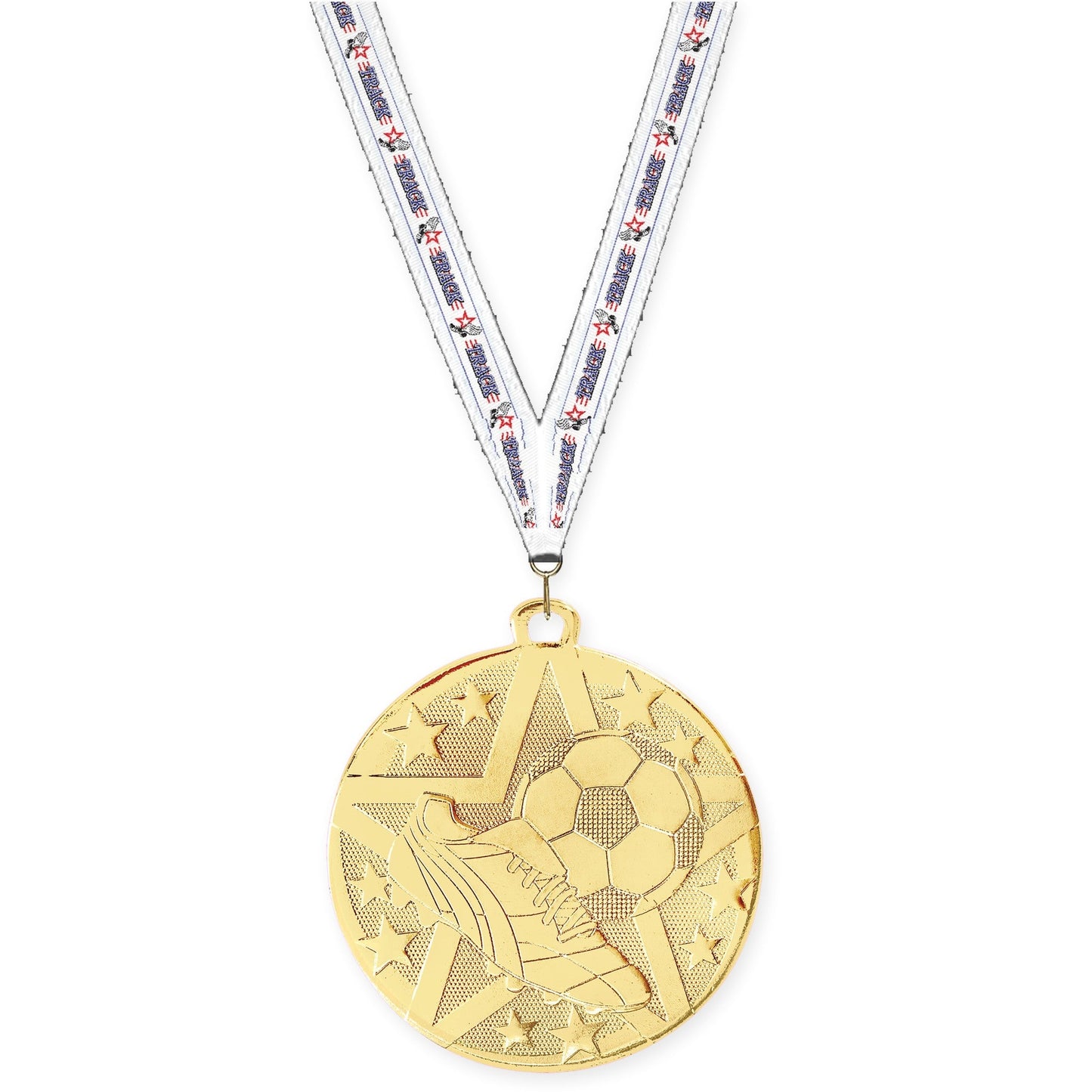 2 inch soccer Superstar medal in gold with Track neck ribbon