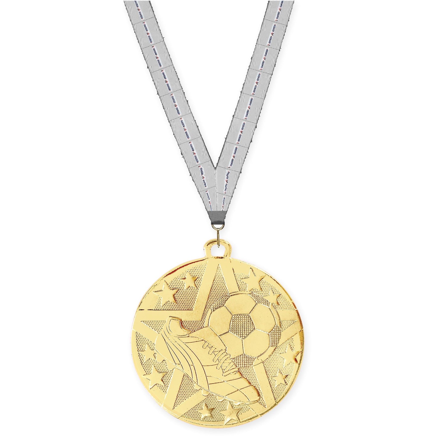 2 inch soccer Superstar medal in gold with Auto Racing neck ribbon