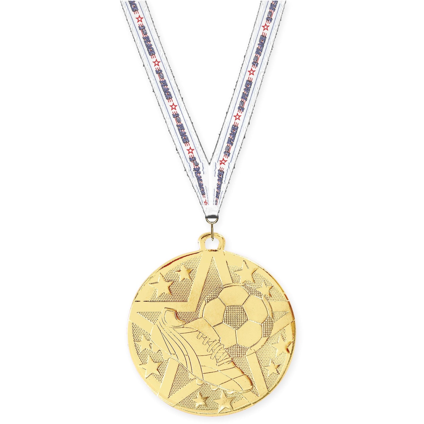 2 inch soccer Superstar medal in gold with 2nd Place neck ribbon