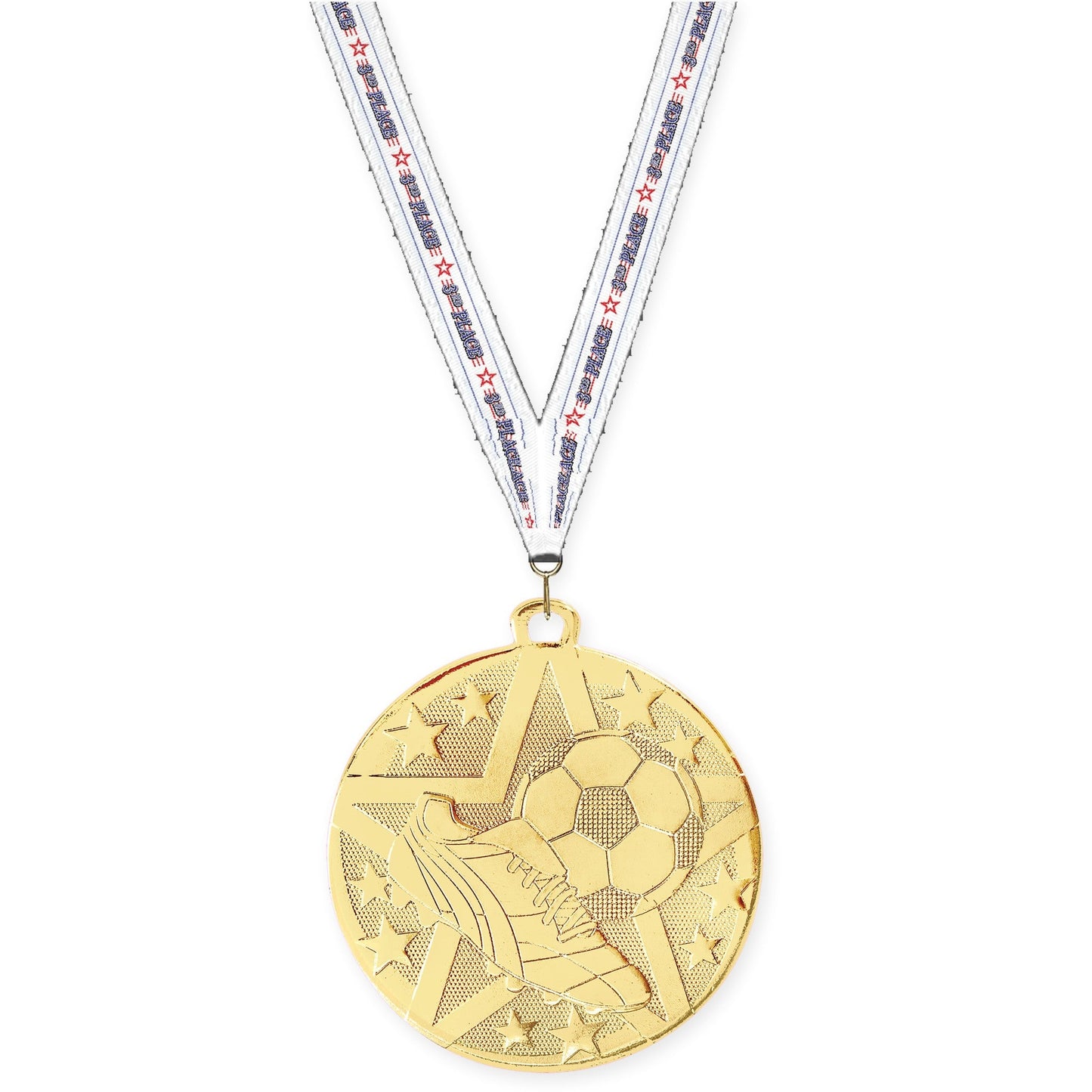 2 inch soccer Superstar medal in gold with 3rd Place neck ribbon