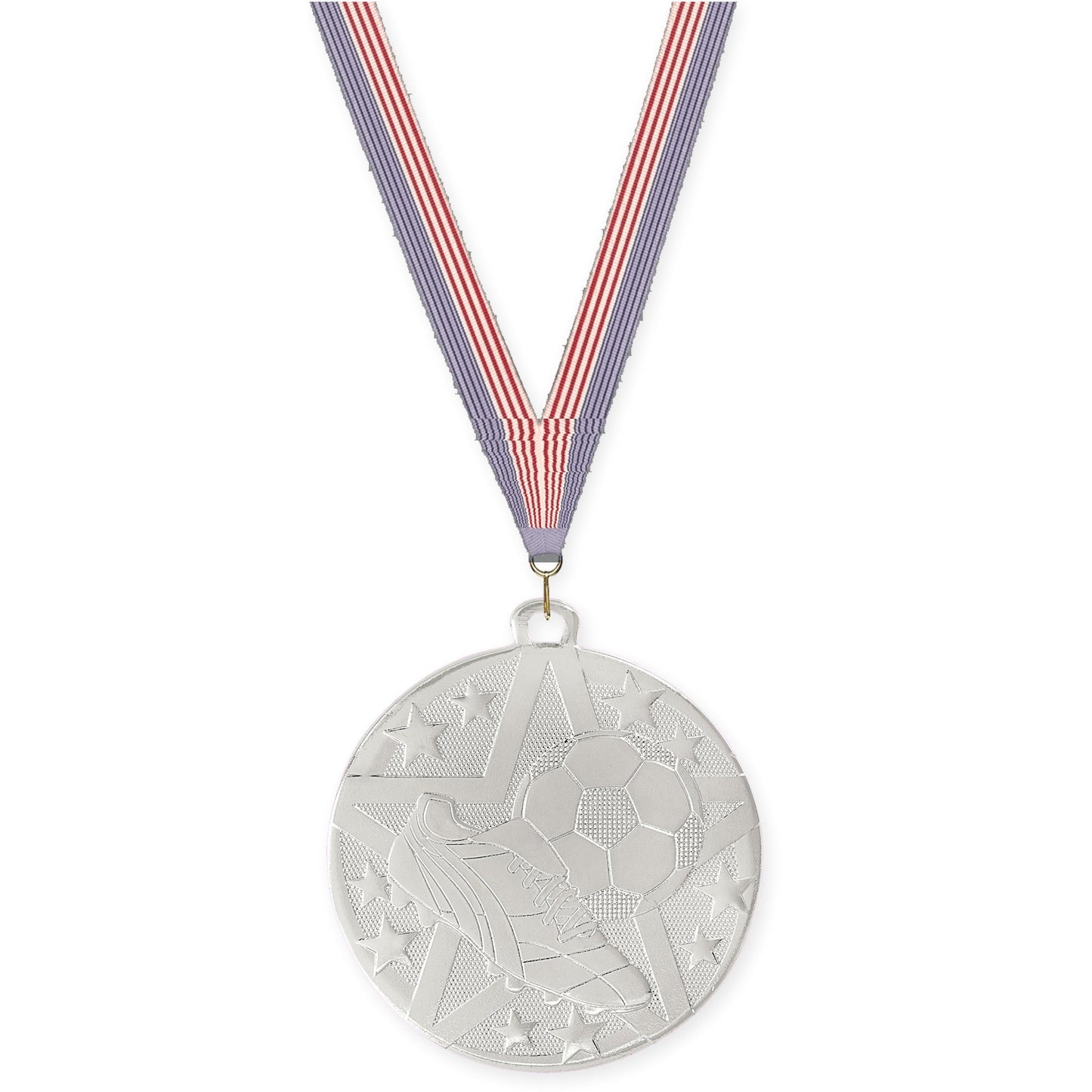 2 inch soccer Superstar medal in silver with USA Flag neck ribbon