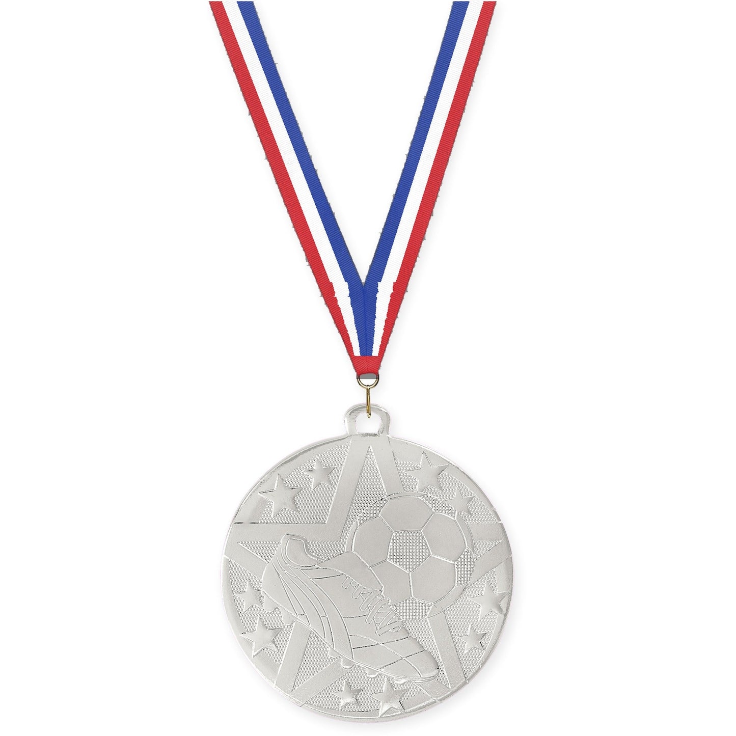 2 inch soccer Superstar medal in silver with Red White Blue neck ribbon