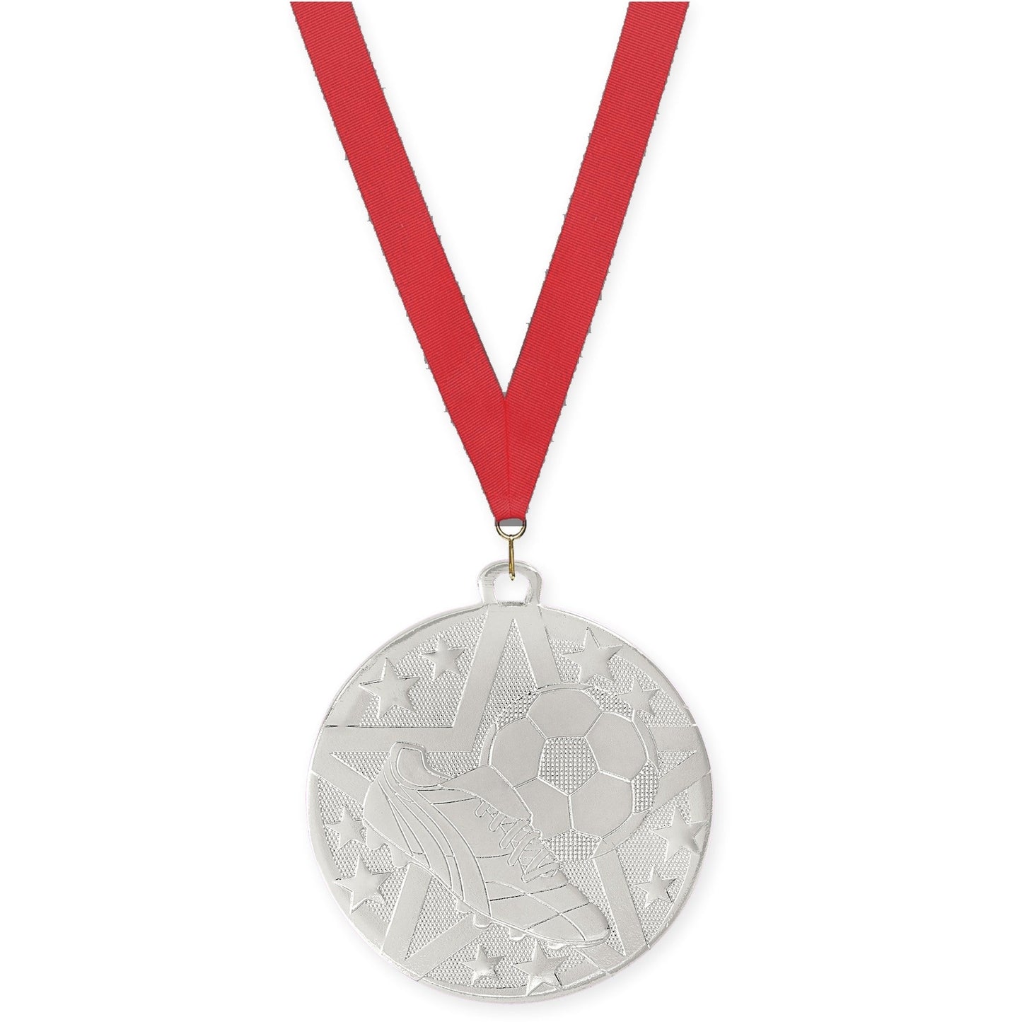 2 inch soccer Superstar medal in silver with Red neck ribbon