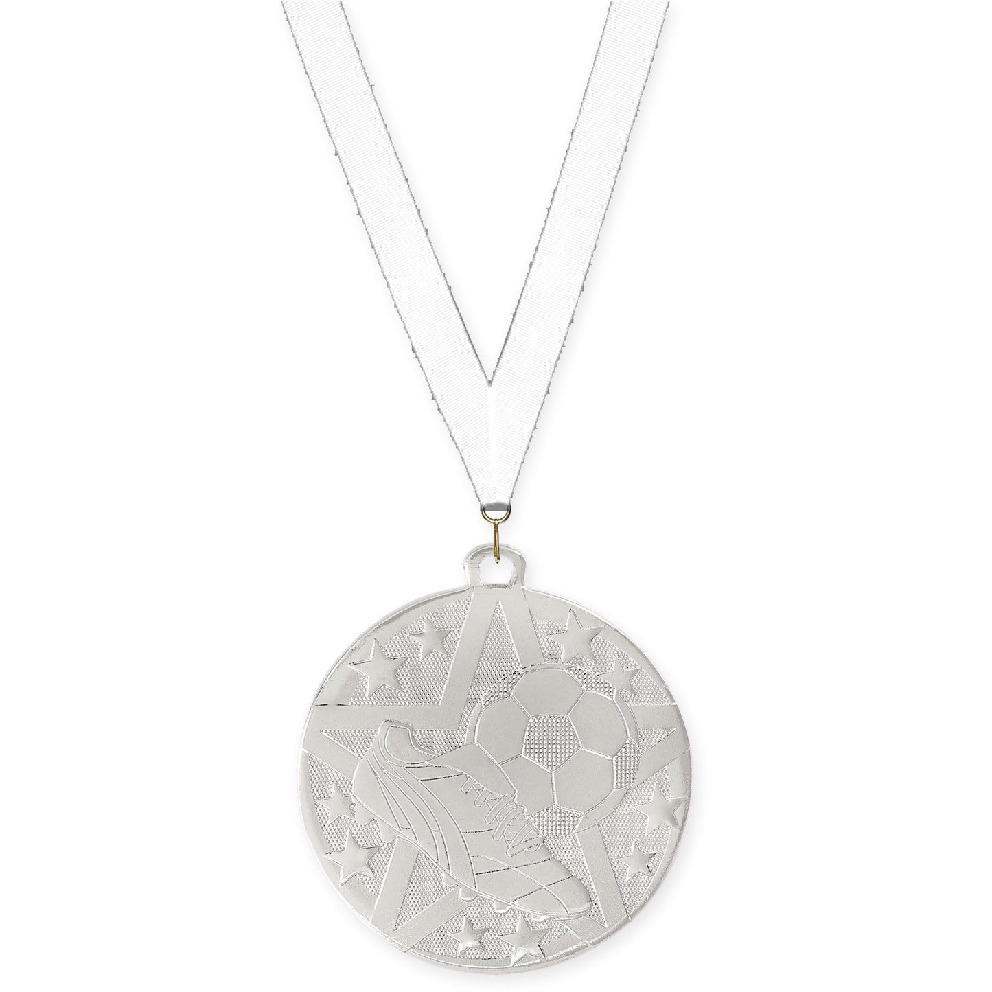 2 inch soccer Superstar medal in silver with White neck ribbon