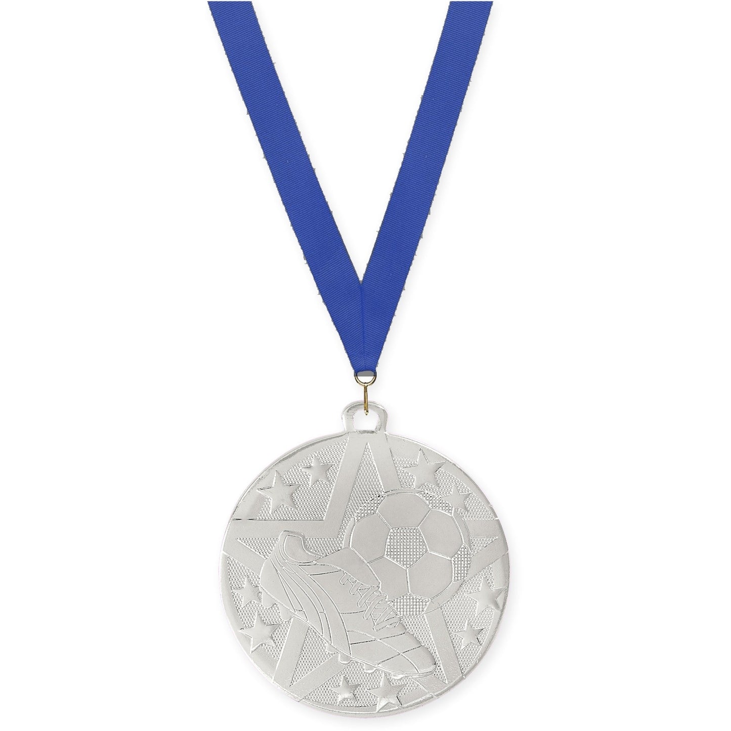2 inch soccer Superstar medal in silver with Blue neck ribbon