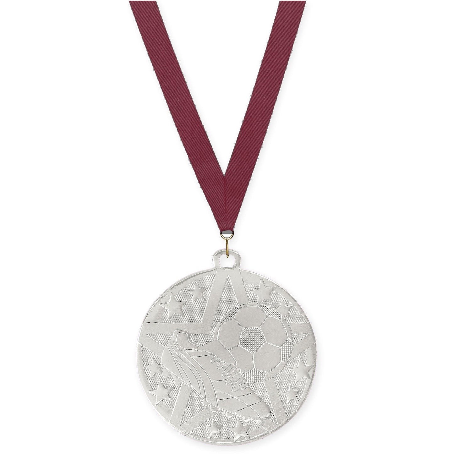 2 inch soccer Superstar medal in silver with Maroon neck ribbon