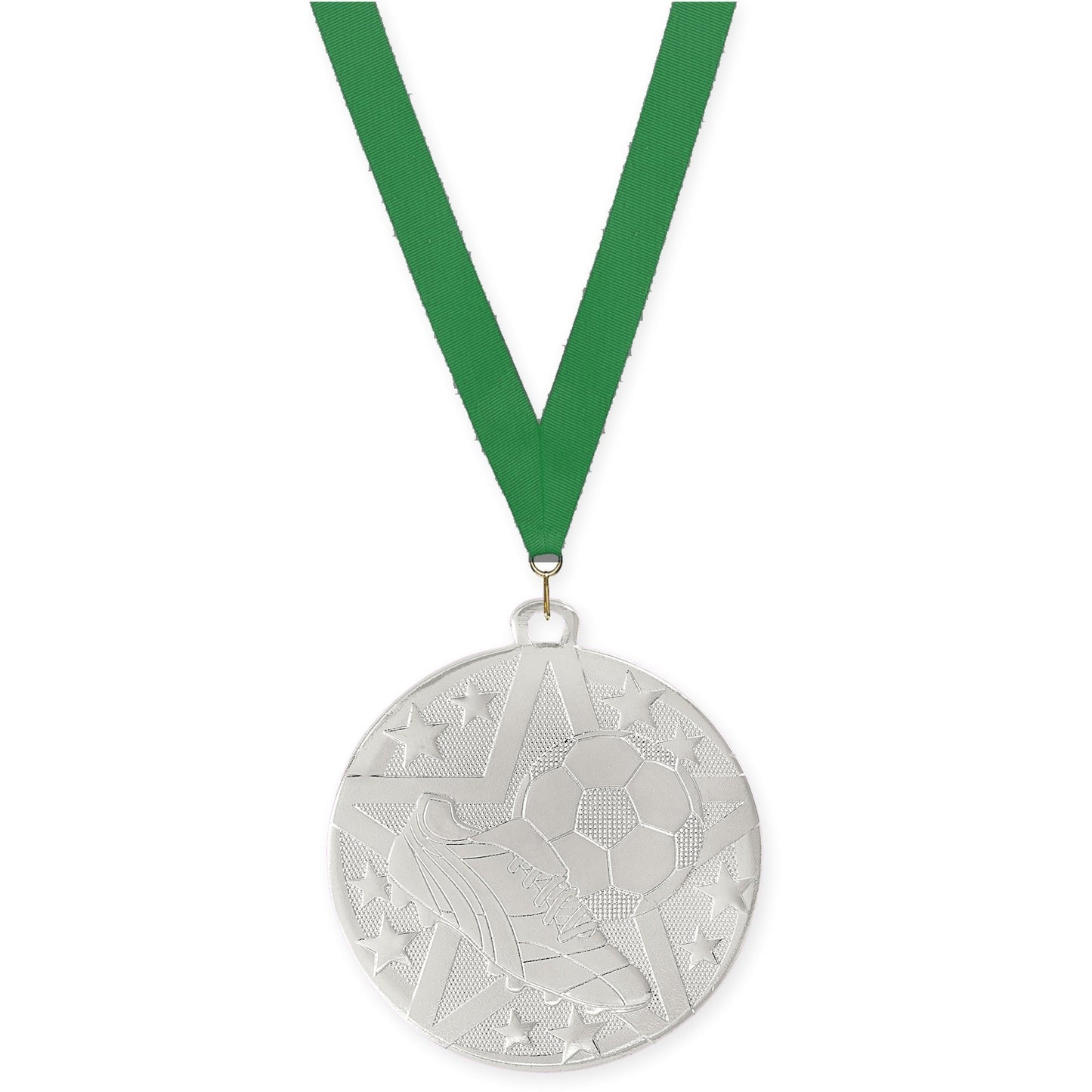 2 inch soccer Superstar medal in silver with Green neck ribbon