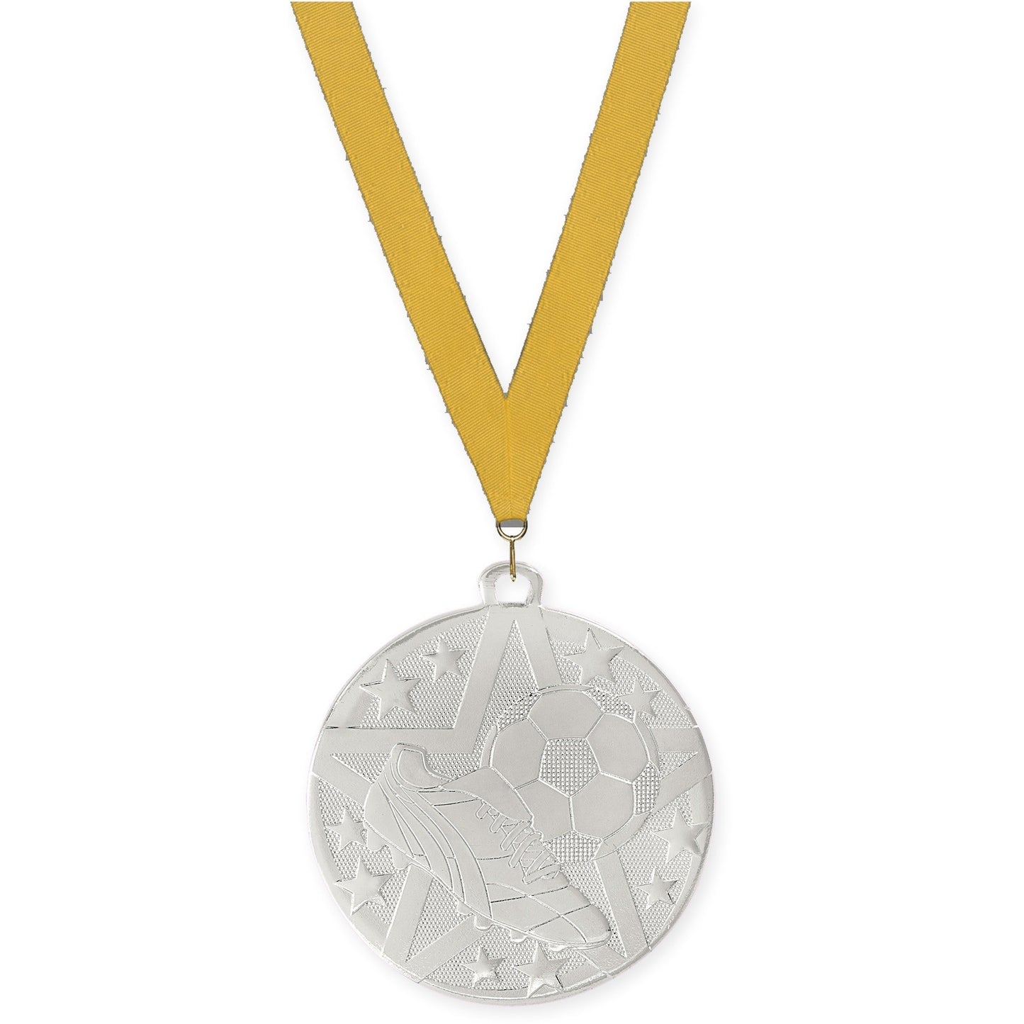 2 inch soccer Superstar medal in silver with Gold neck ribbon