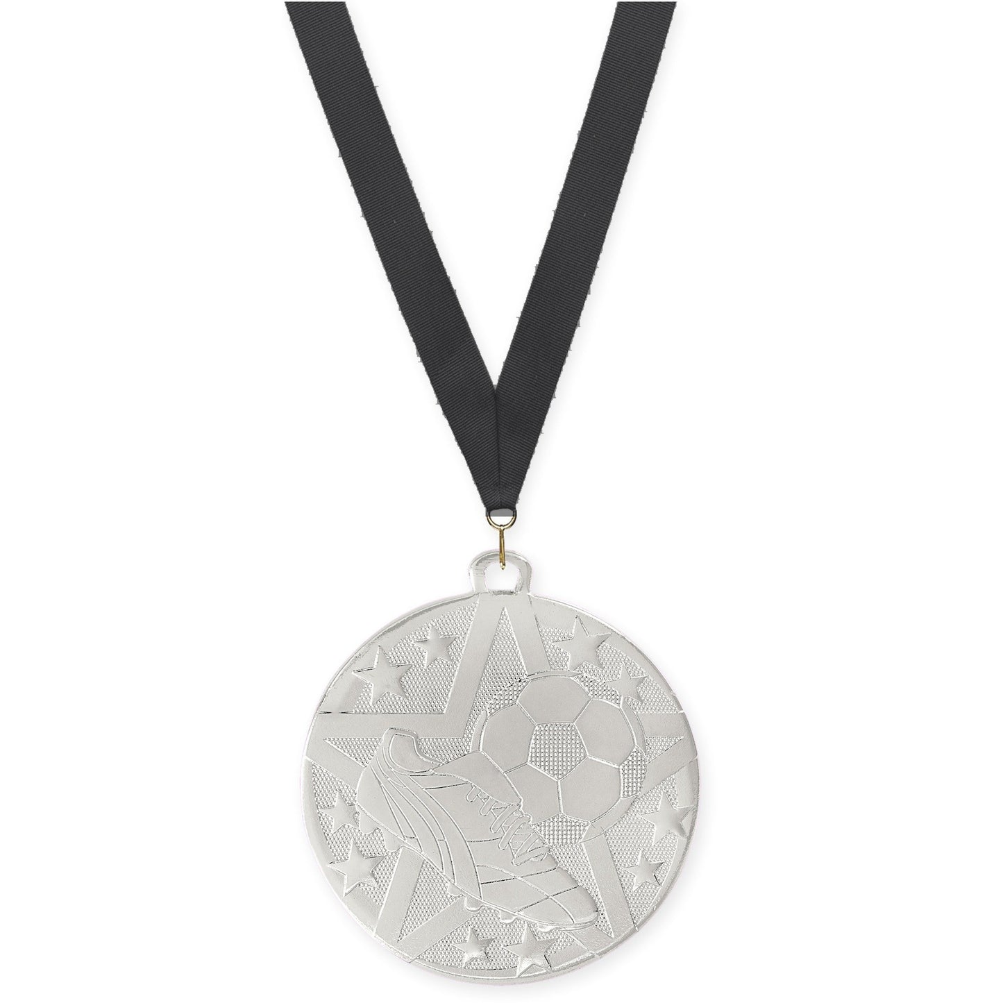 2 inch soccer Superstar medal in silver with Black neck ribbon