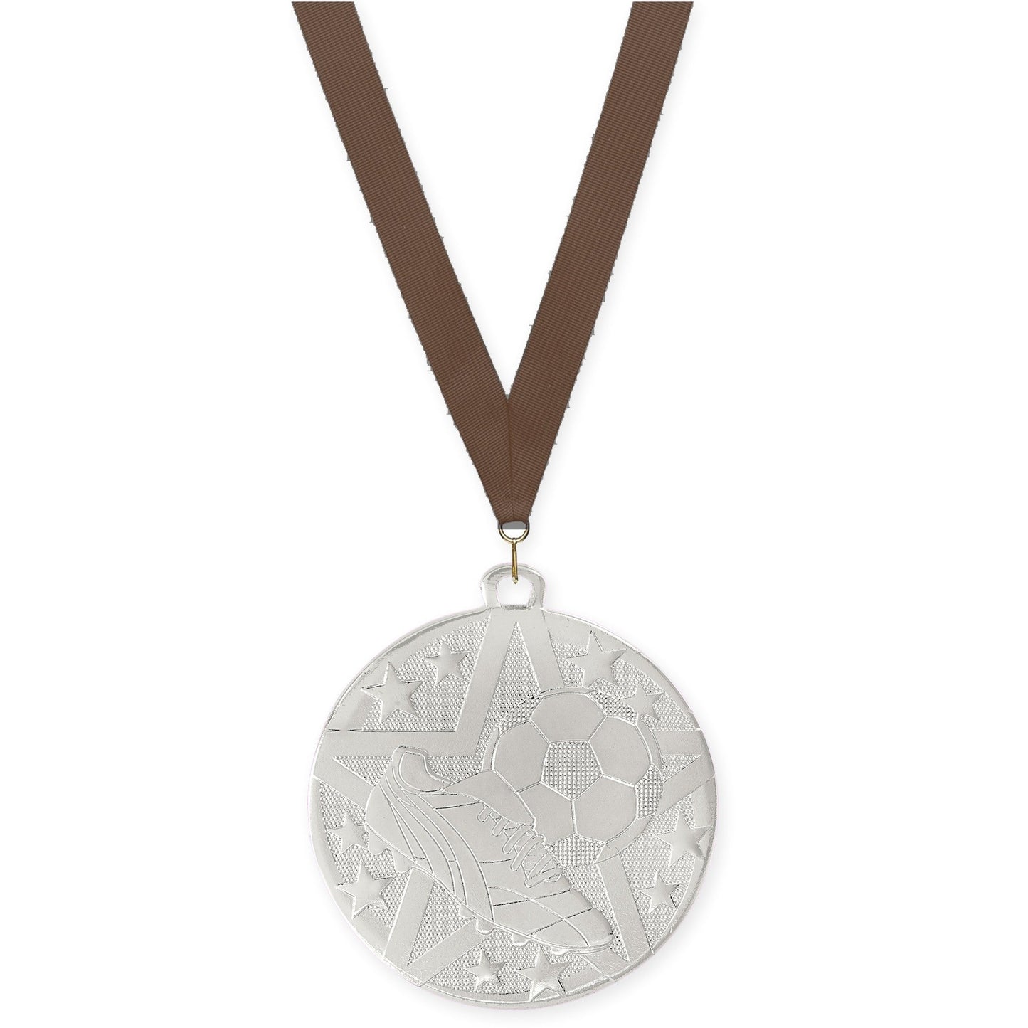 2 inch soccer Superstar medal in silver with Brown neck ribbon