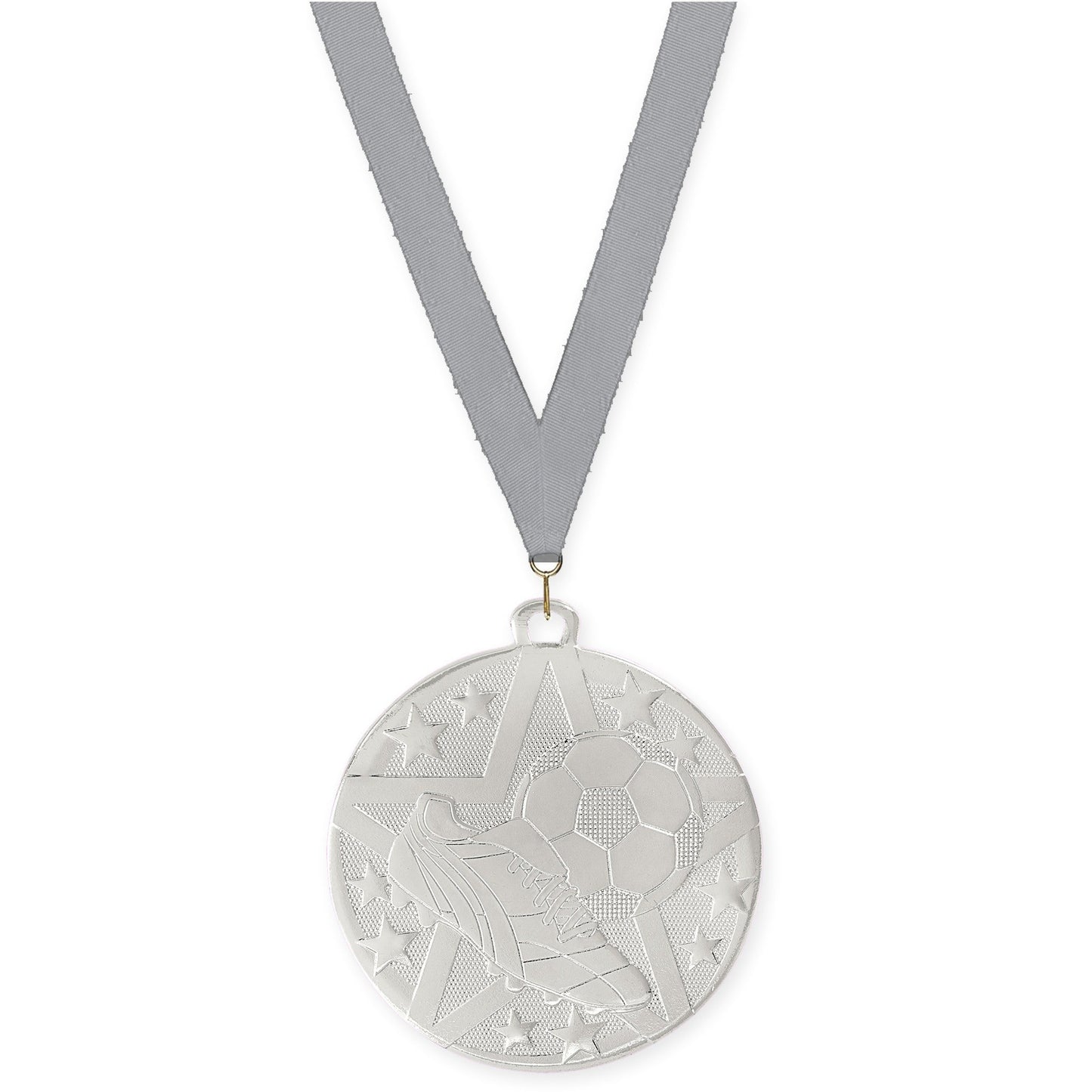 2 inch soccer Superstar medal in silver with Gray neck ribbon