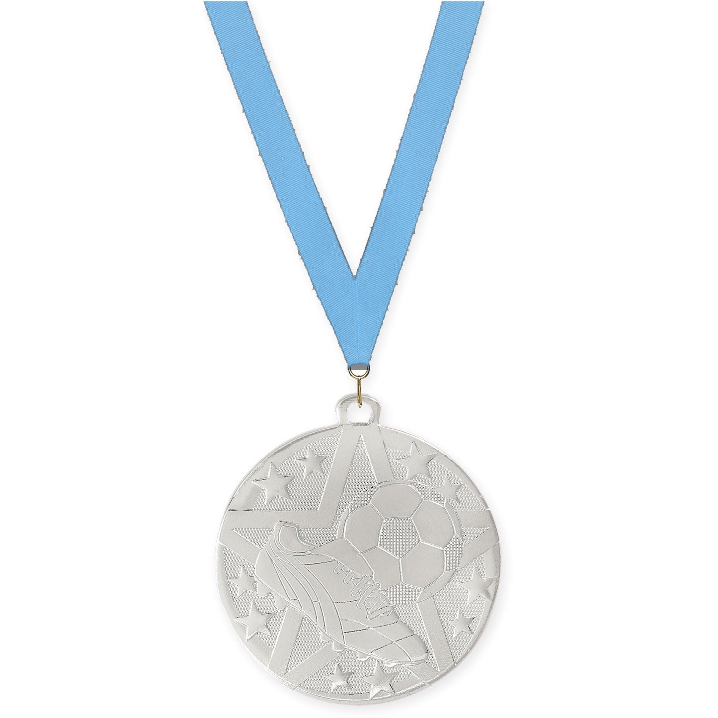 2 inch soccer Superstar medal in silver with Light Blue neck ribbon