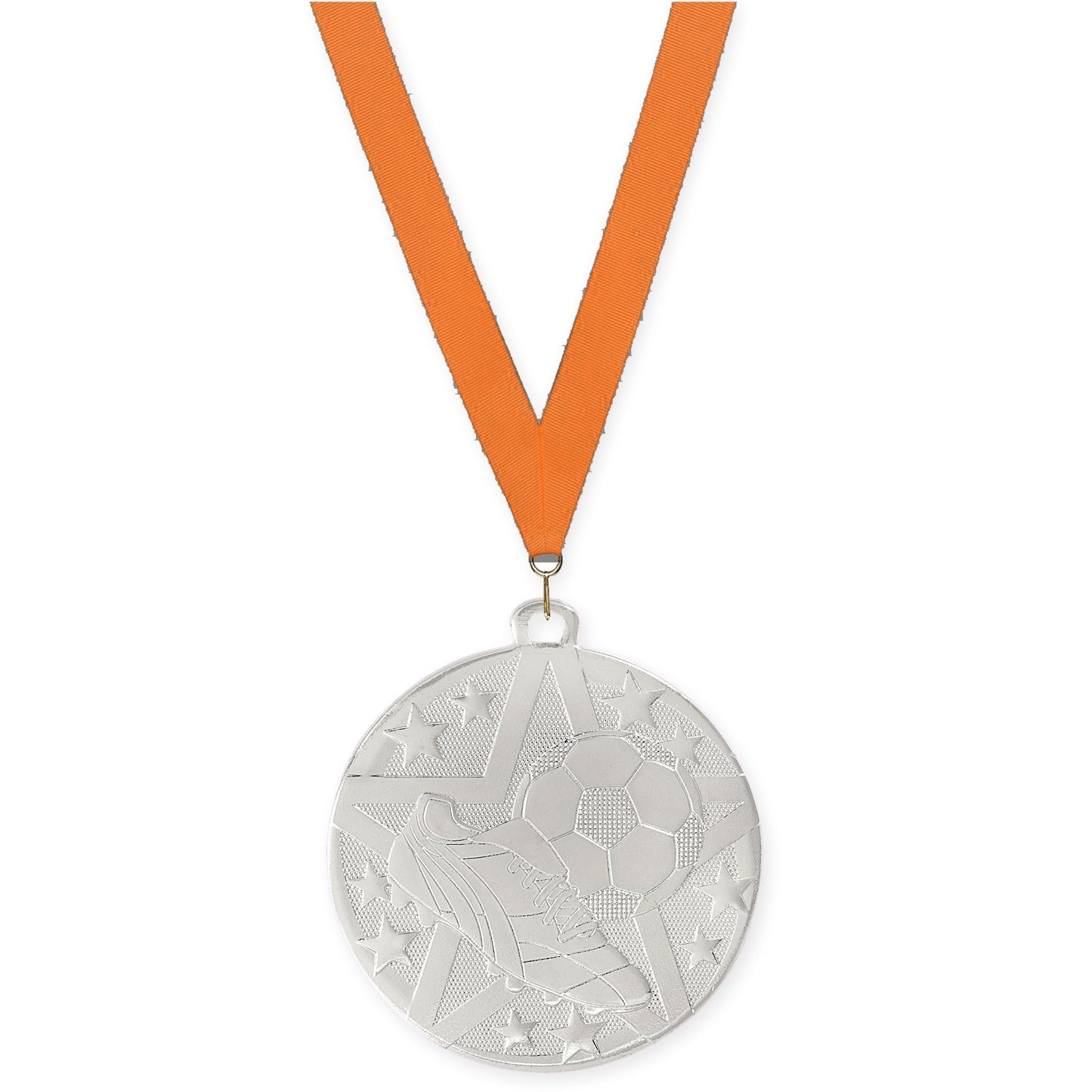 2 inch soccer Superstar medal in silver with Orange neck ribbon