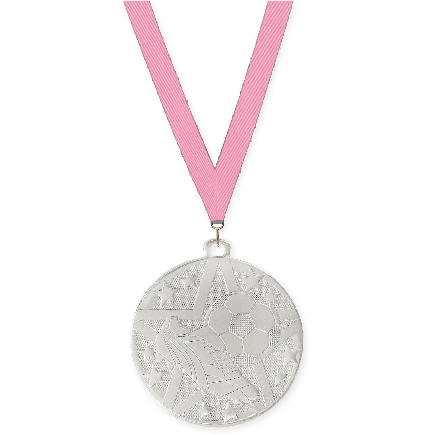 2 inch soccer Superstar medal in silver with Pink neck ribbon