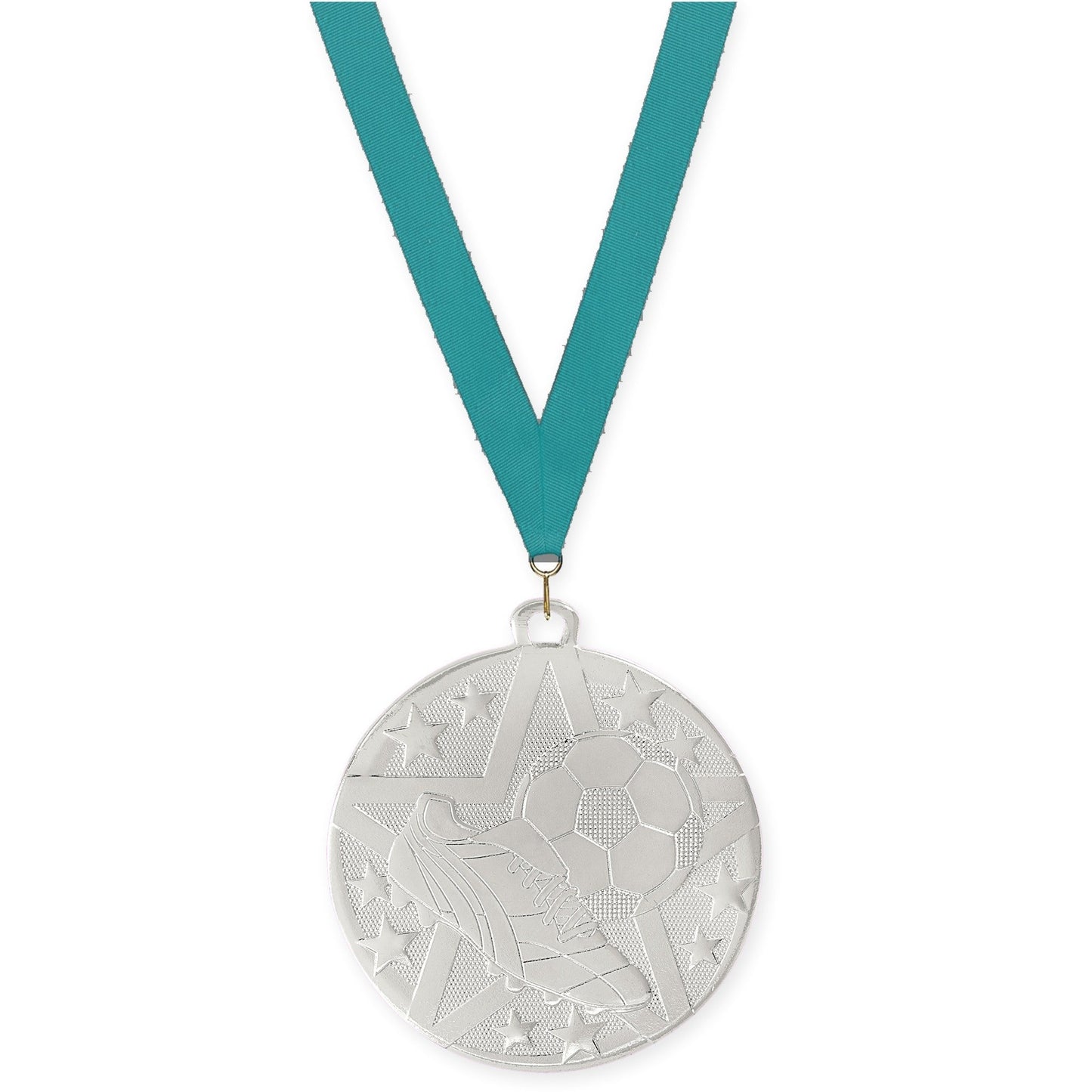 2 inch soccer Superstar medal in silver with Teal neck ribbon