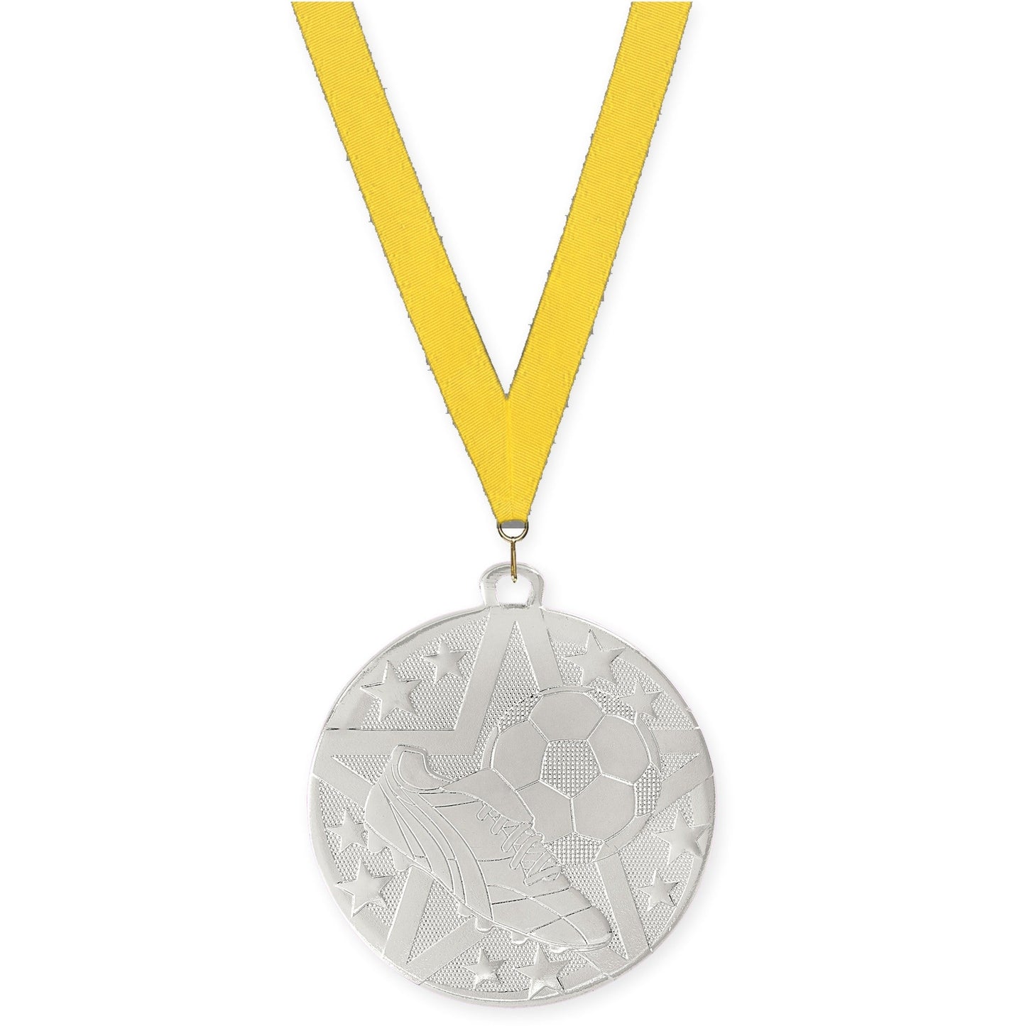 2 inch soccer Superstar medal in silver with Yellow neck ribbon