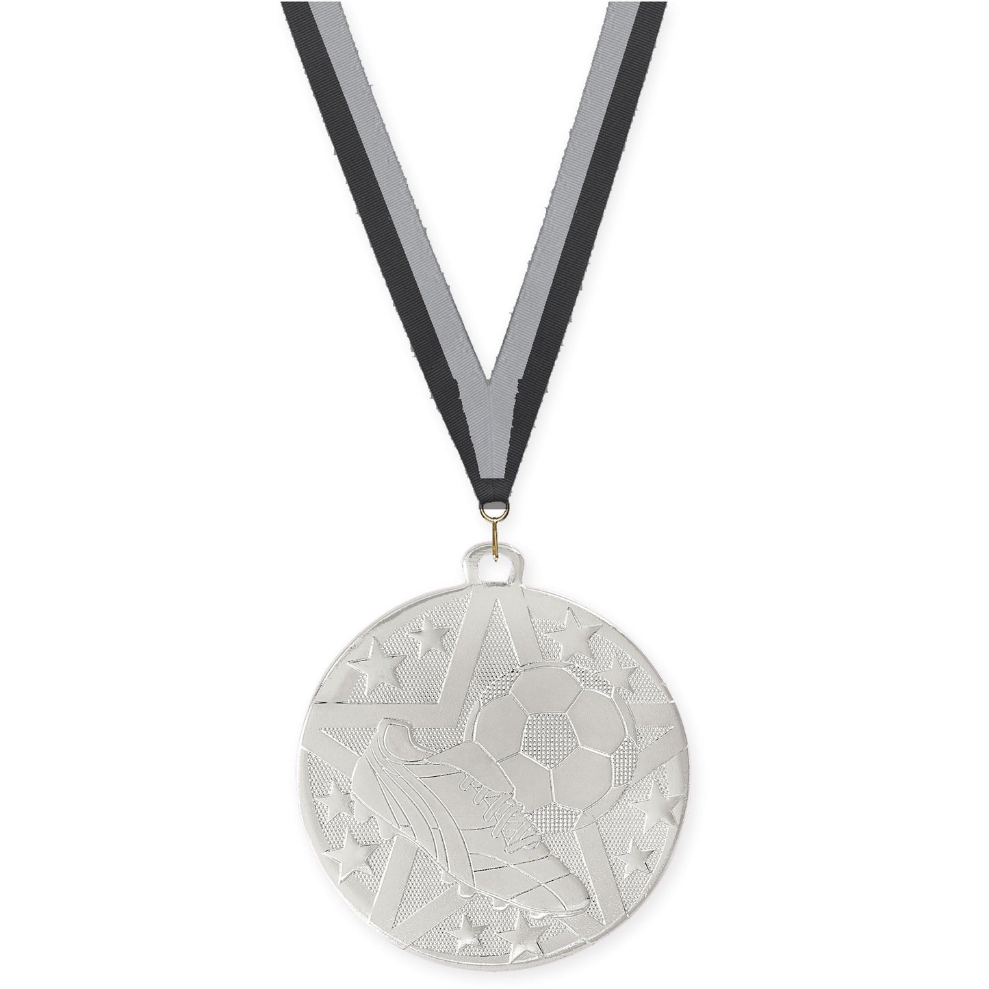 2 inch soccer Superstar medal in silver with Black Gray neck ribbon