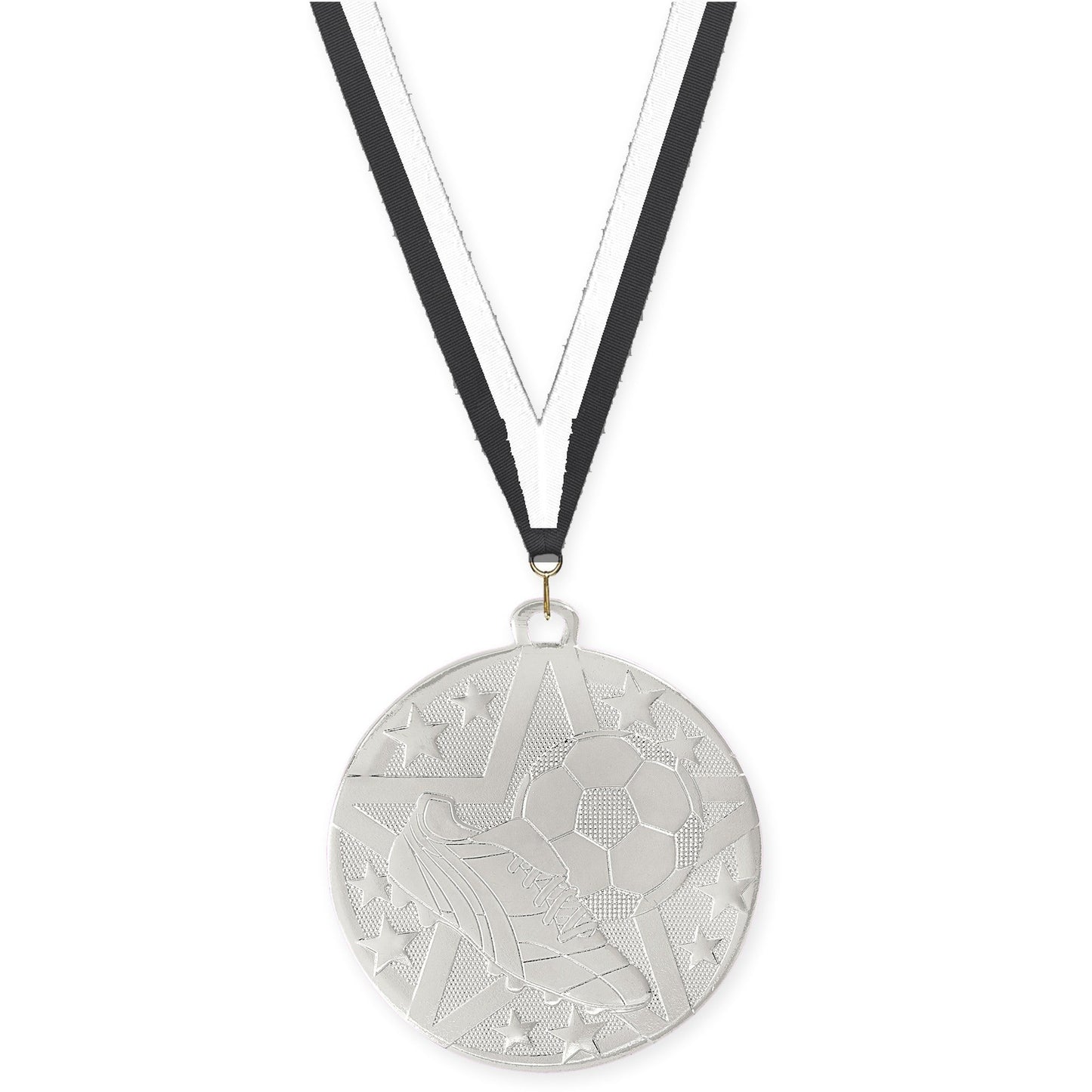2 inch soccer Superstar medal in silver with Black White neck ribbon