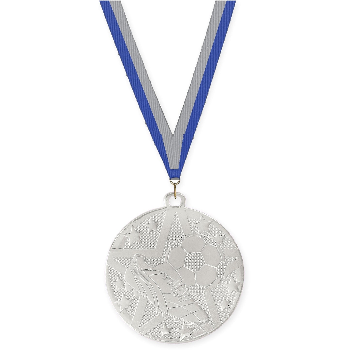 2 inch soccer Superstar medal in silver with Blue Gray neck ribbon