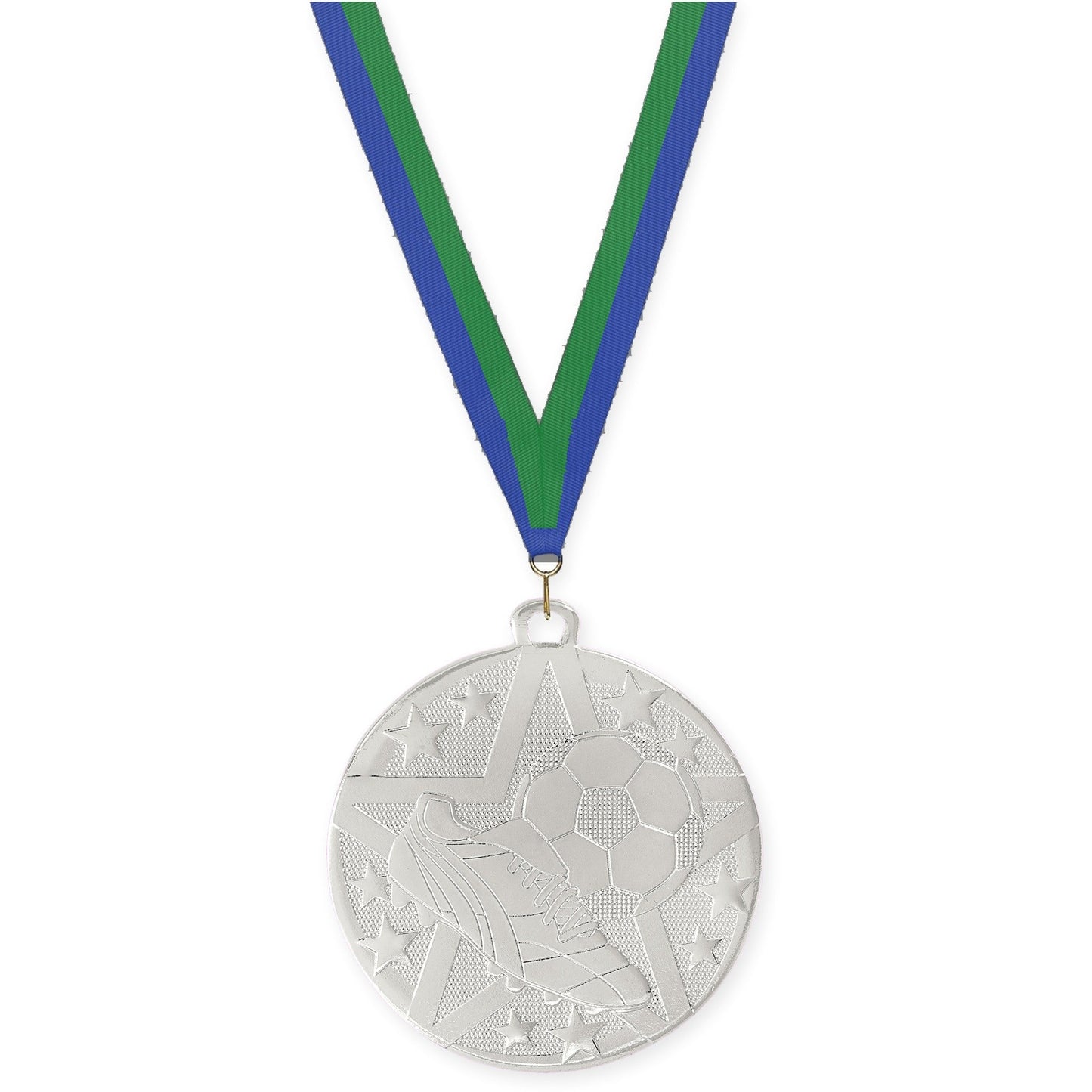 2 inch soccer Superstar medal in silver with Blue Green neck ribbon
