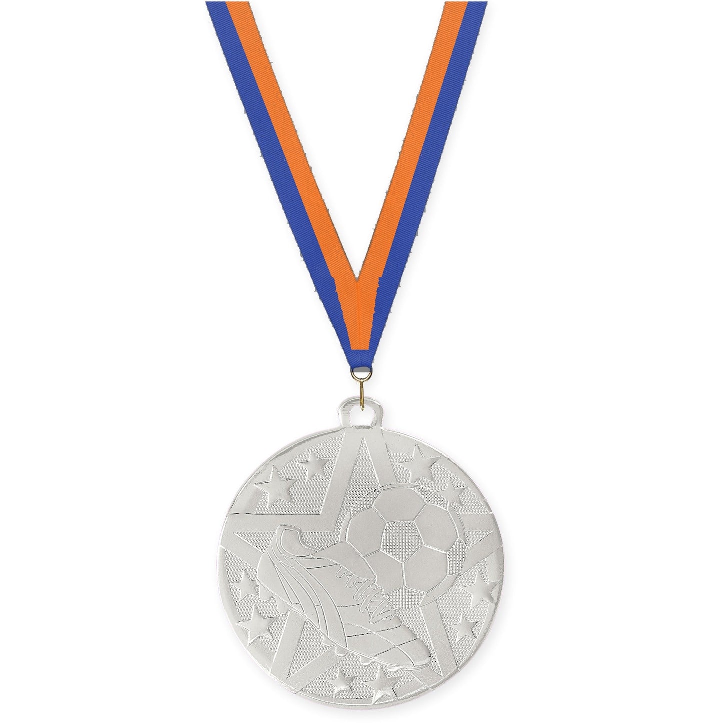 2 inch soccer Superstar medal in silver with Blue Orange neck ribbon