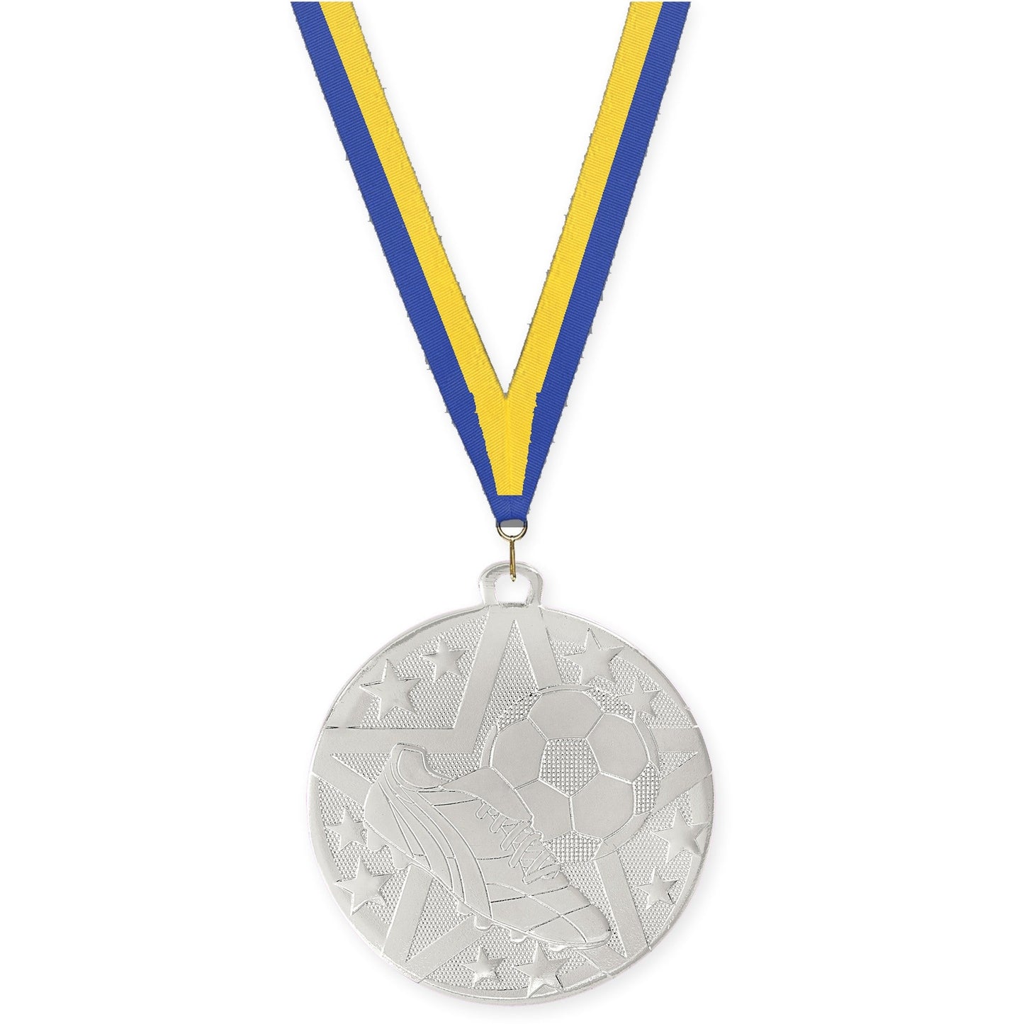 2 inch soccer Superstar medal in silver with Blue Yellow neck ribbon