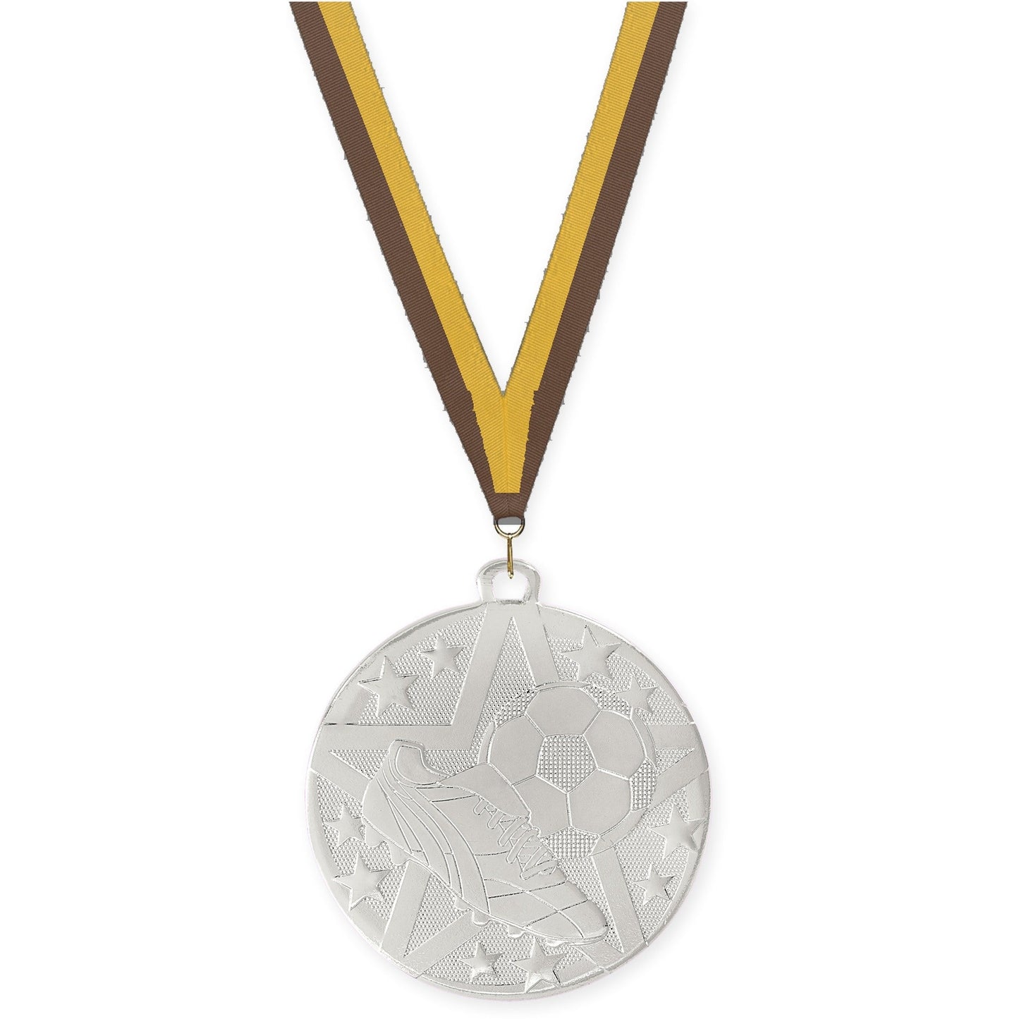 2 inch soccer Superstar medal in silver with Brown Gold neck ribbon