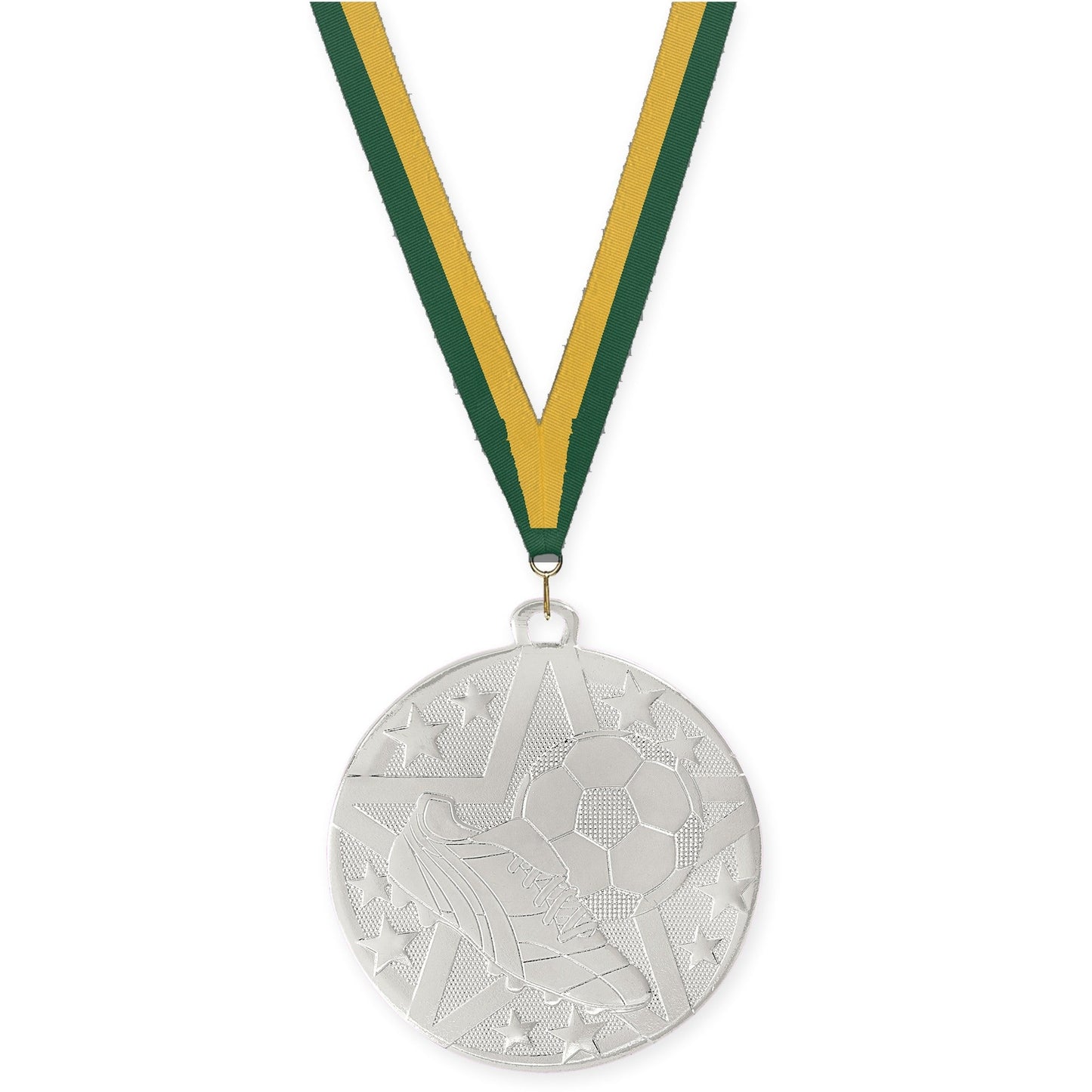 2 inch soccer Superstar medal in silver with Hunter Green Gold neck ribbon